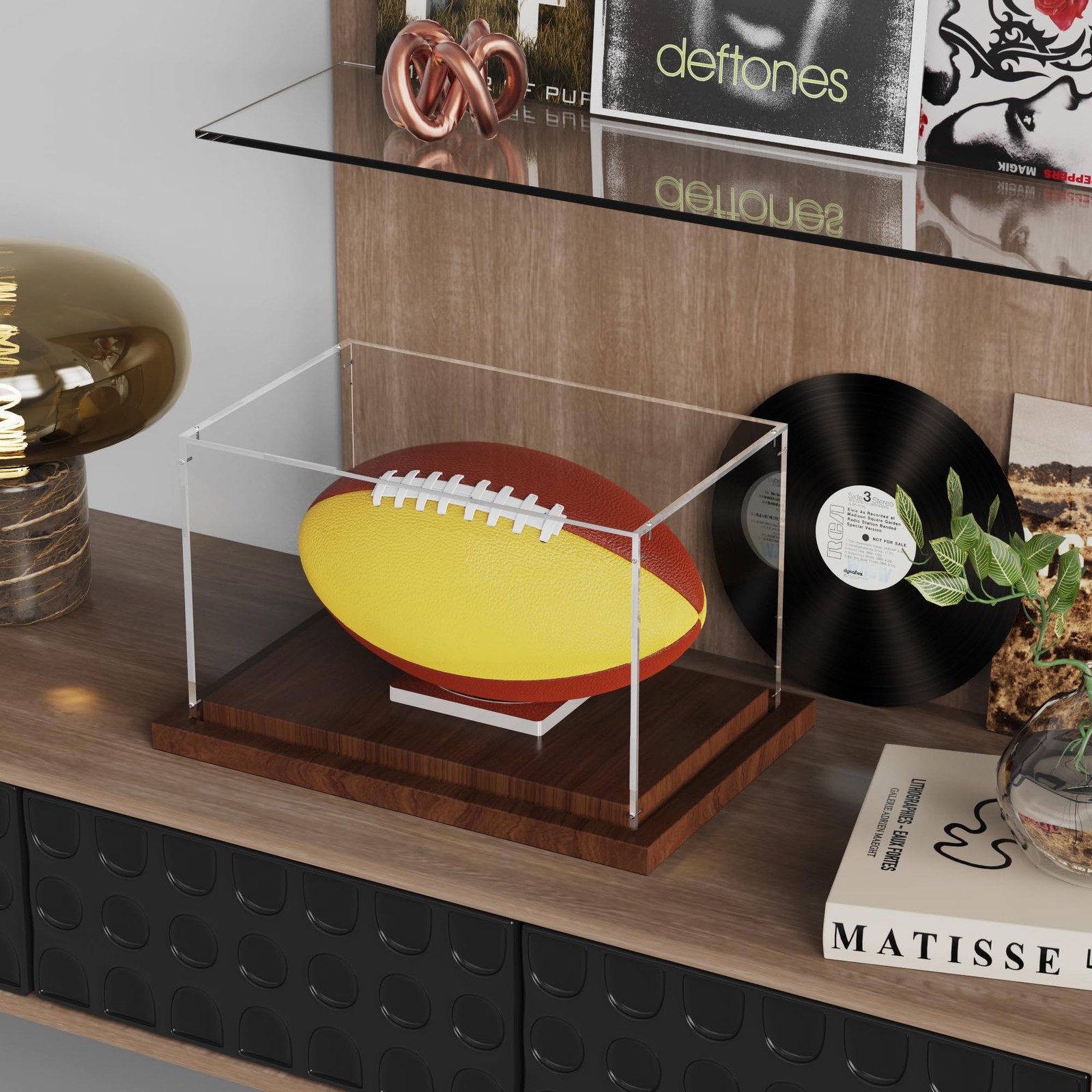 VGMiu Football Display Case with Wood Base, Acrylic Case, Clear