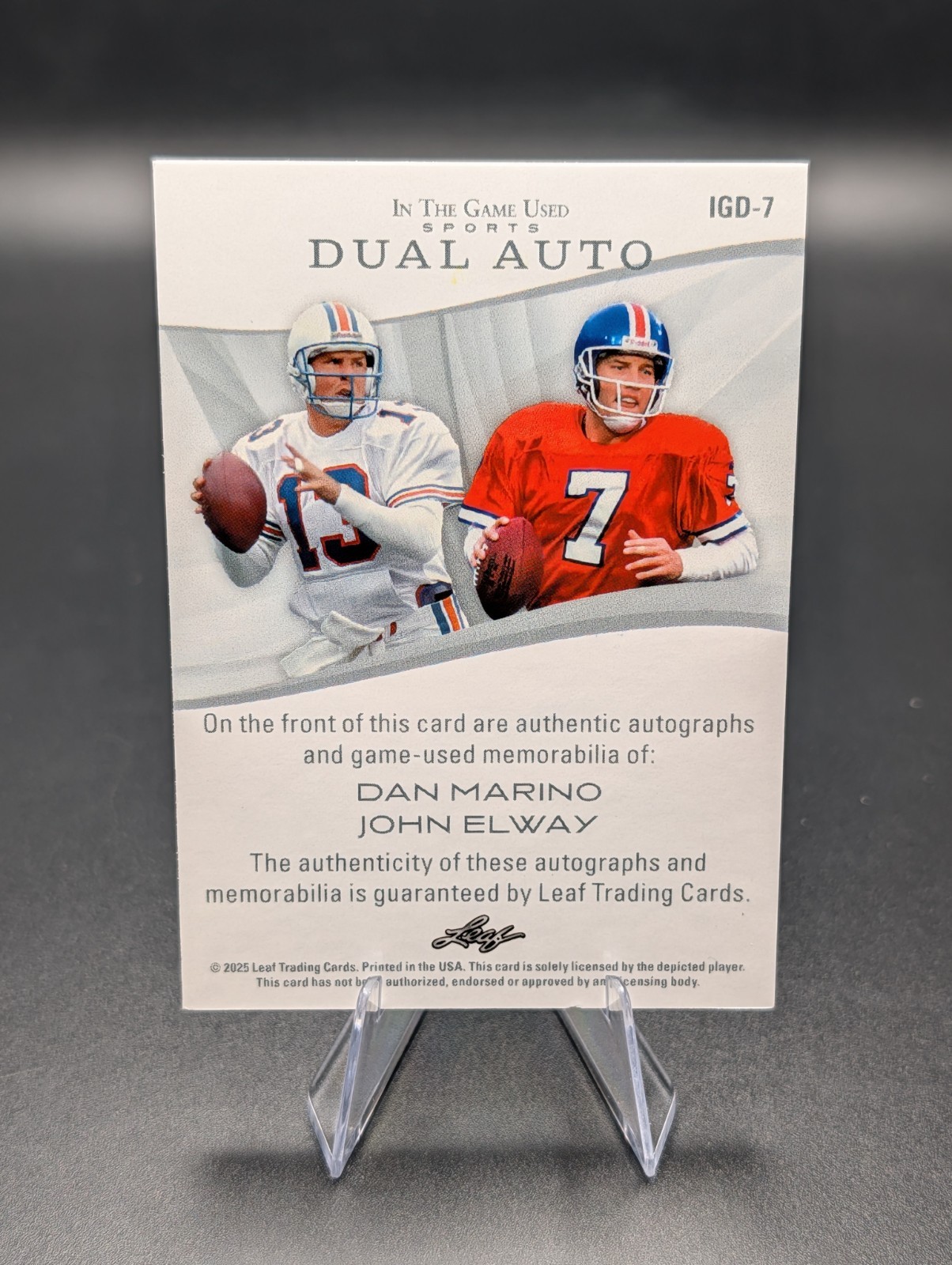 2025 Leaf In The Game Used – Dan Marino & John Elway Dual Jersey Patch Auto 4/5