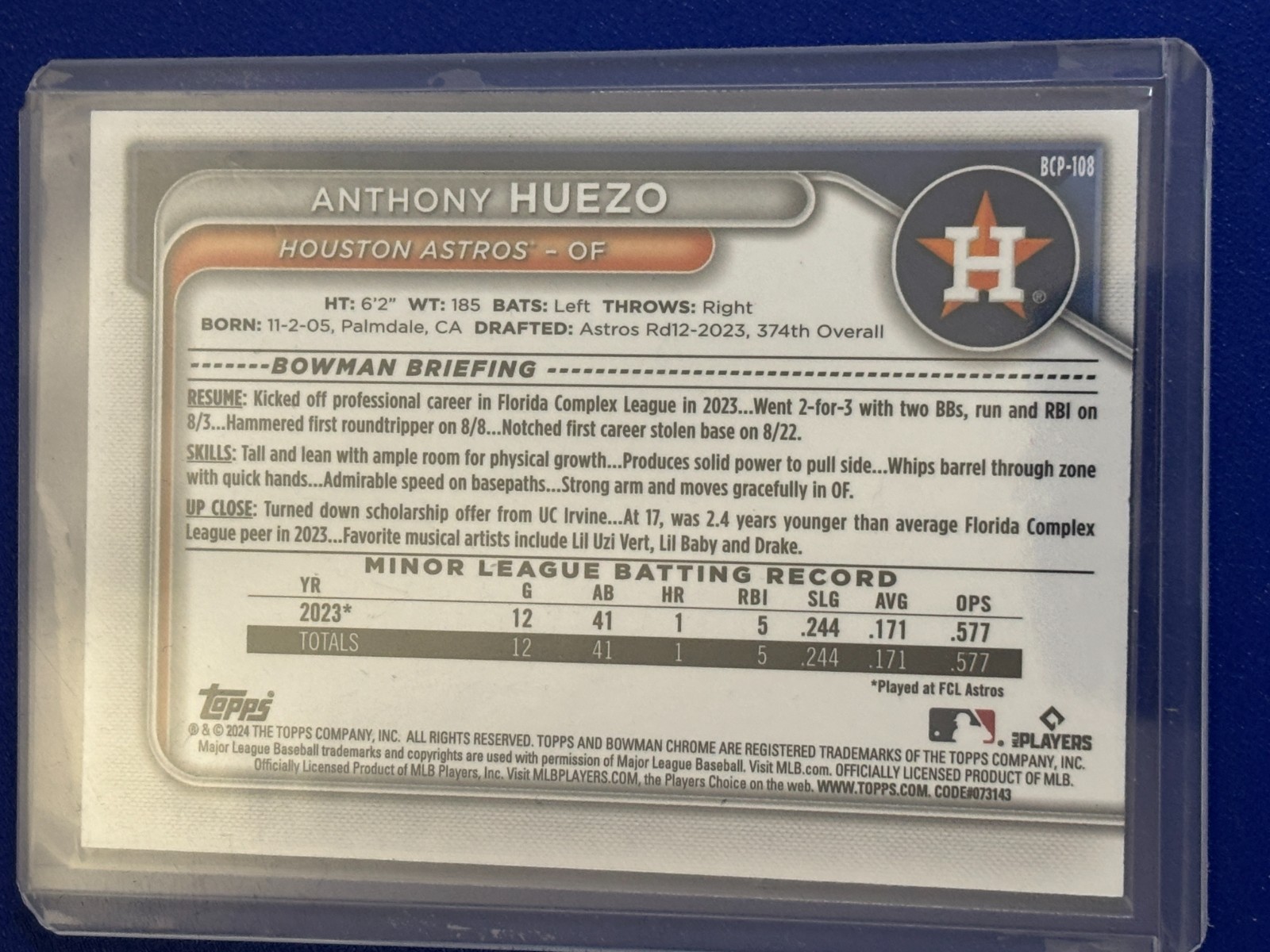 2024 Bowman Chrome Prospect Aqua Shimmer Refractor RC BCP-108 Anthony HUEZO /125