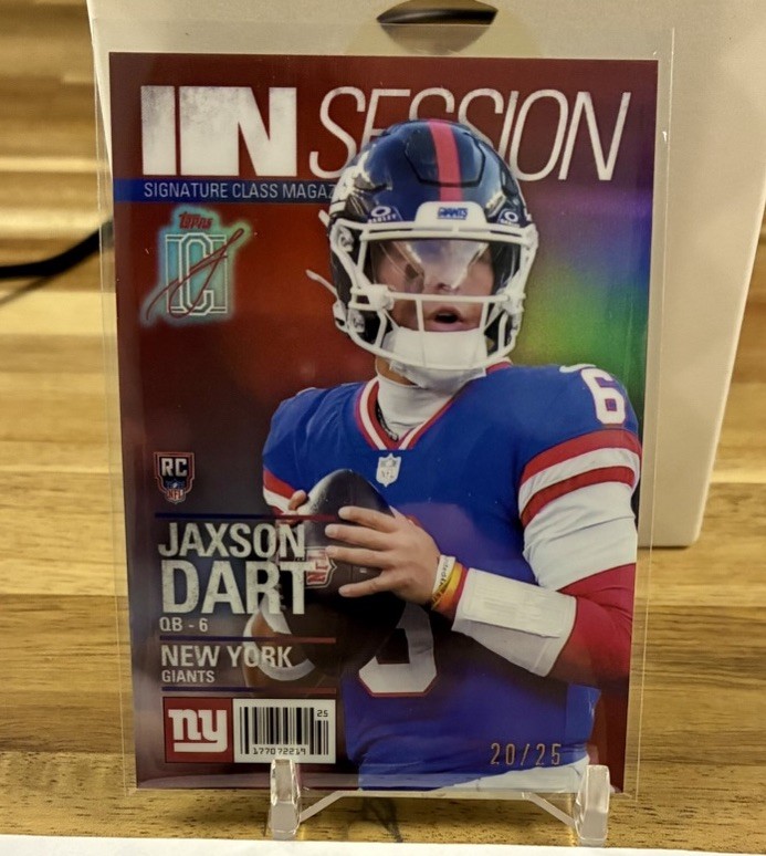 2025 Topps Signature IS-15 Jaxson Dart In Session Red 20/25, New York Giants