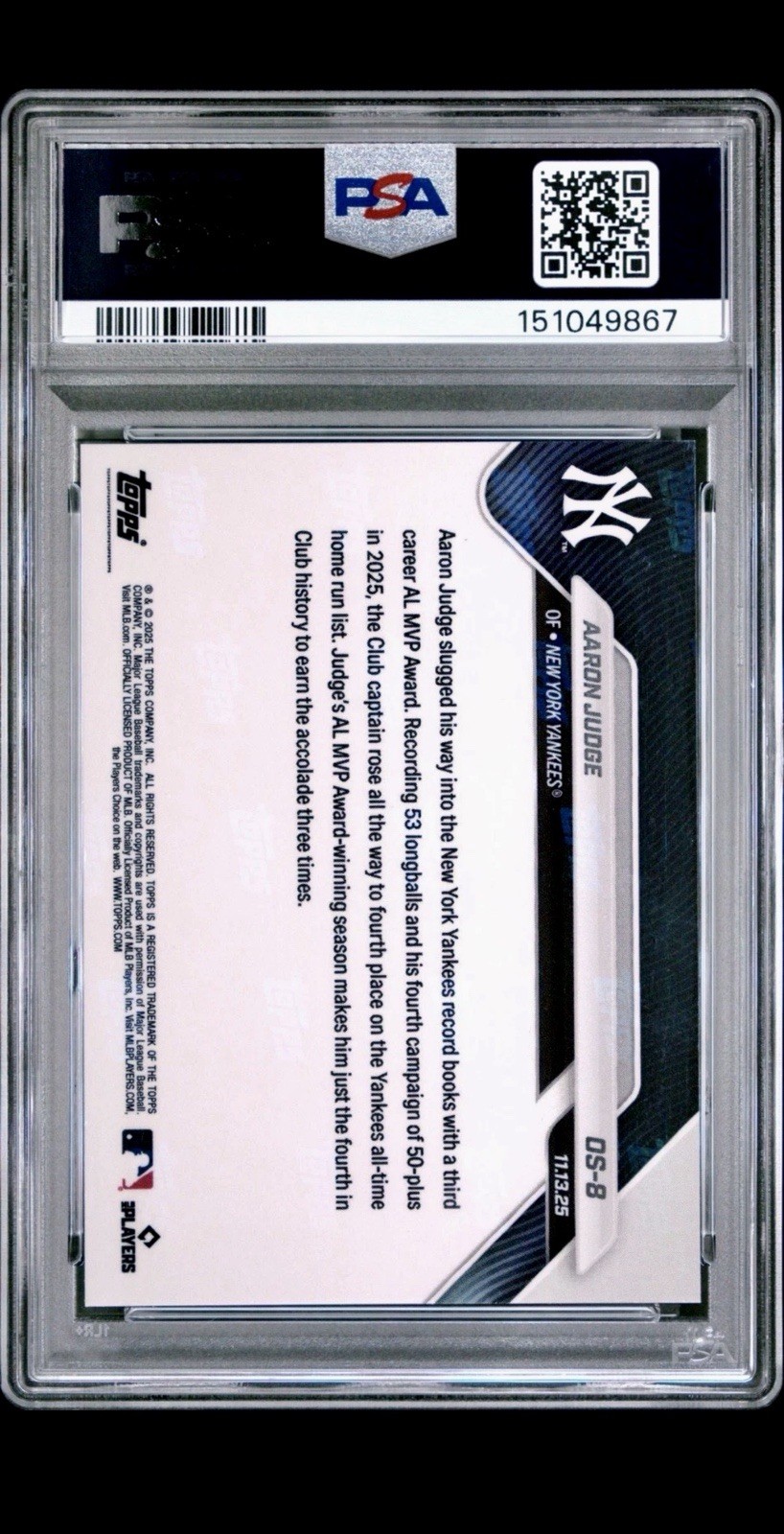 2025 Topps Now Aaron Judge 25 /25 MVP OS-8 Orange Foil PSA