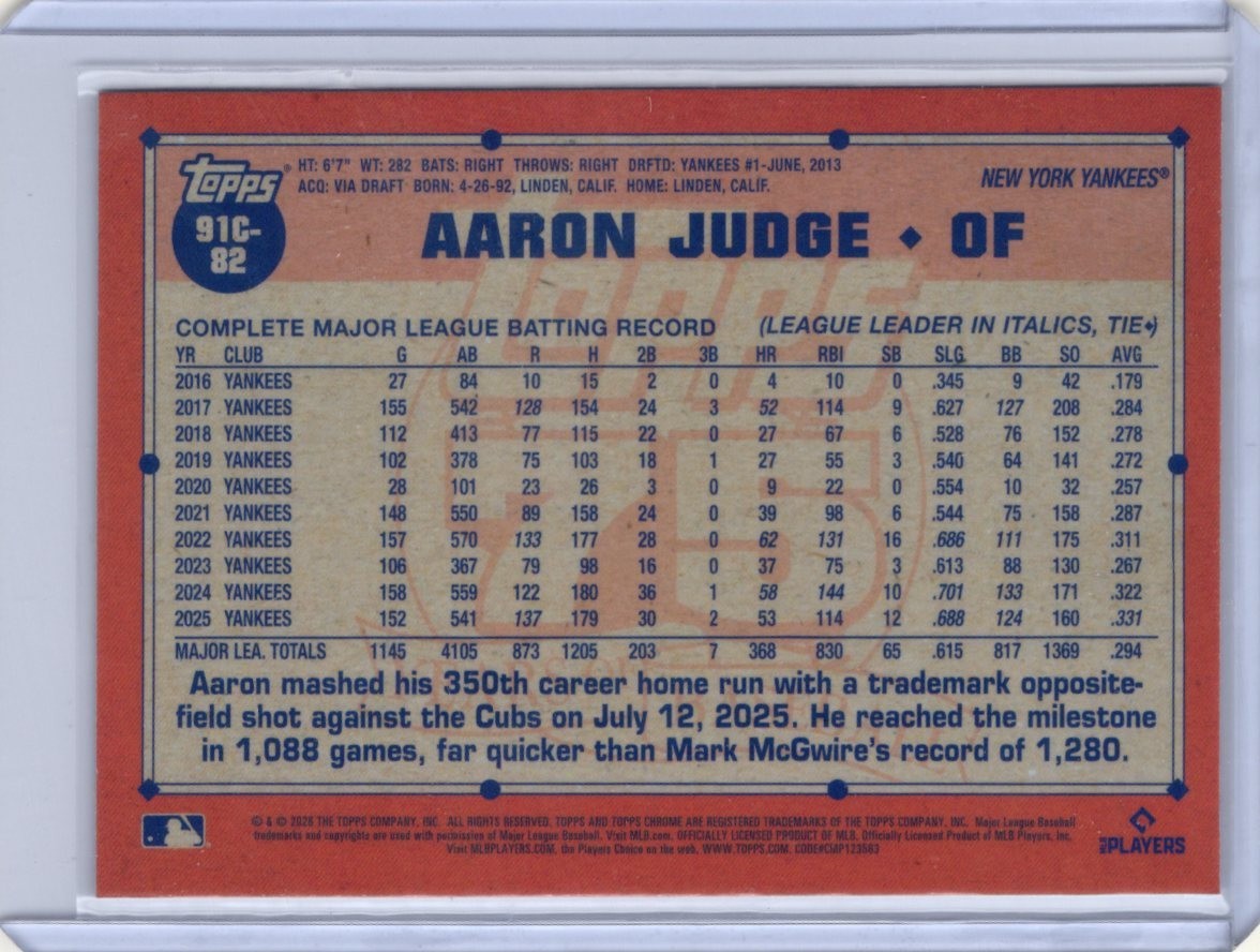2026 Topps Series 1 AARON JUDGE 1991 Chrome Silver Pack Mojo #91C-82 Yankees
