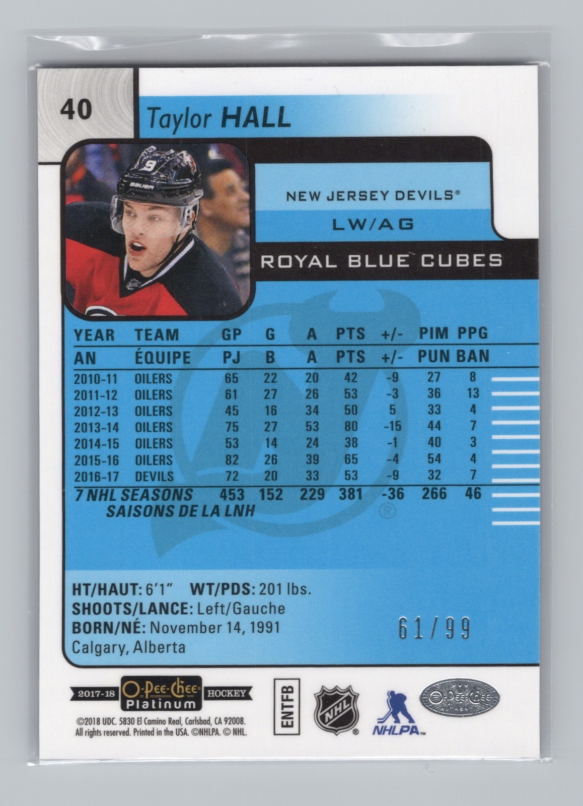 2017-18 O-Pee-Chee Platinum – Taylor Hall #40 Royal Blue Cubes /99