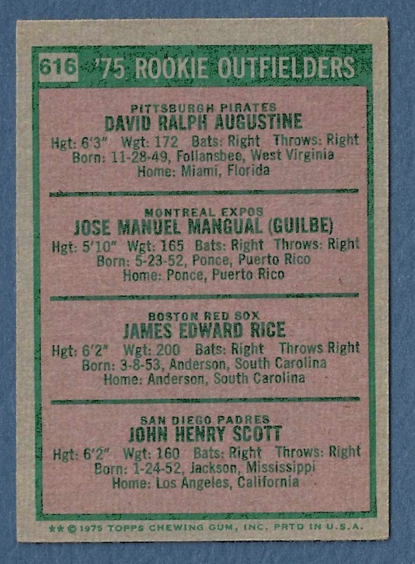 1975 TOPPS ROOKIE OUTFIELDERS #616 RC JIM RICE JOHN SCOTT PEPE MANGUAL AUGUSTINE