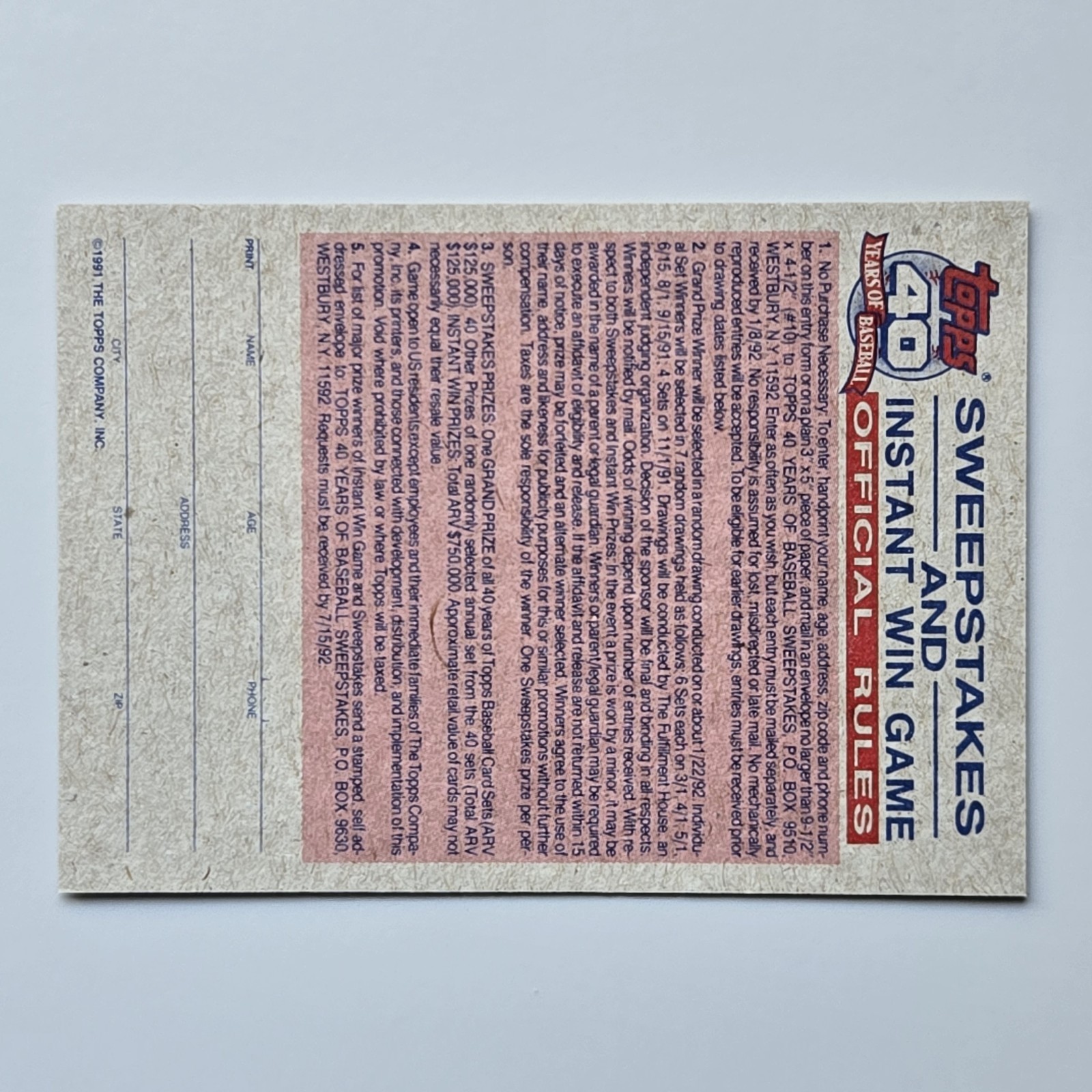 LOT OF 36 CARDS – 1991 Topps Baseball 40th Anniversary Instant Win Game Contest