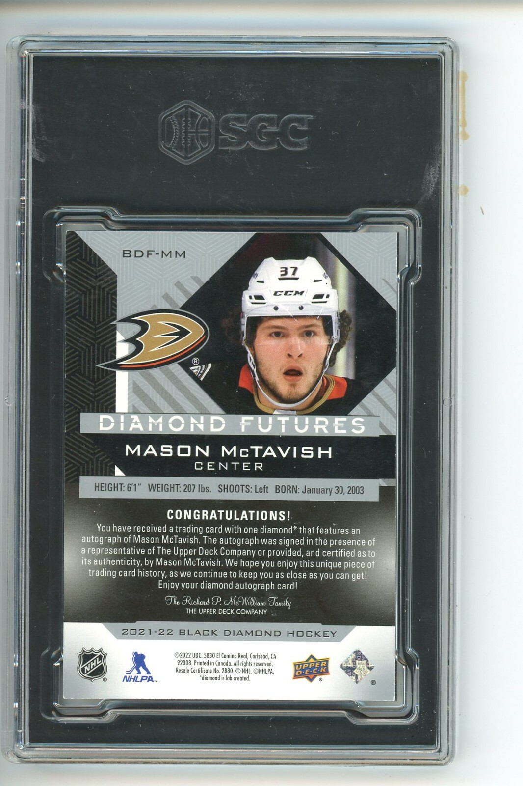 SGC 9 Mason McTavish 2021-22 Black Diamond Futures Purple Diamond Auto 1/10 RC