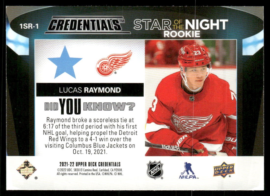 2021-22 Upper Deck Credentials 1st Star of the Night Rookies #1SR1 Lucas Raymond