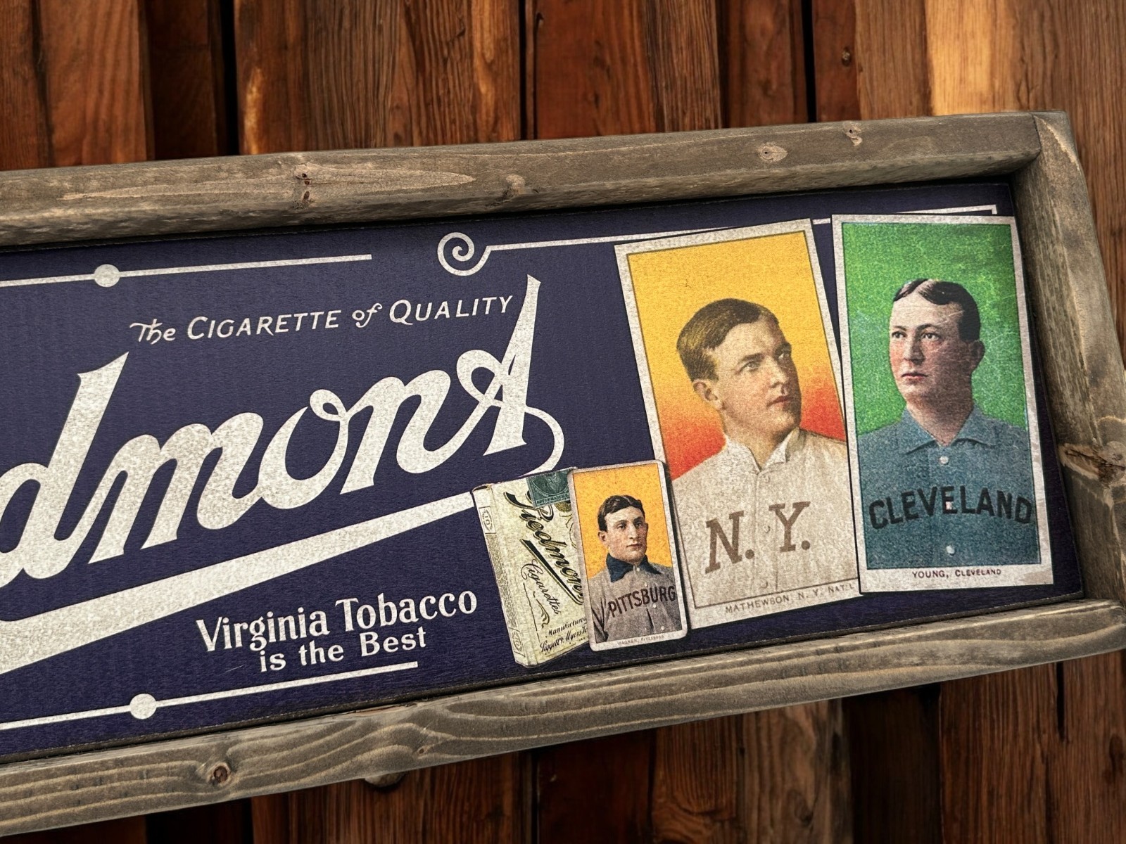 T206 Piedmont Tobacco Antique Style Wood Baseball Card Ad Sign 6×24 Ty Cobb