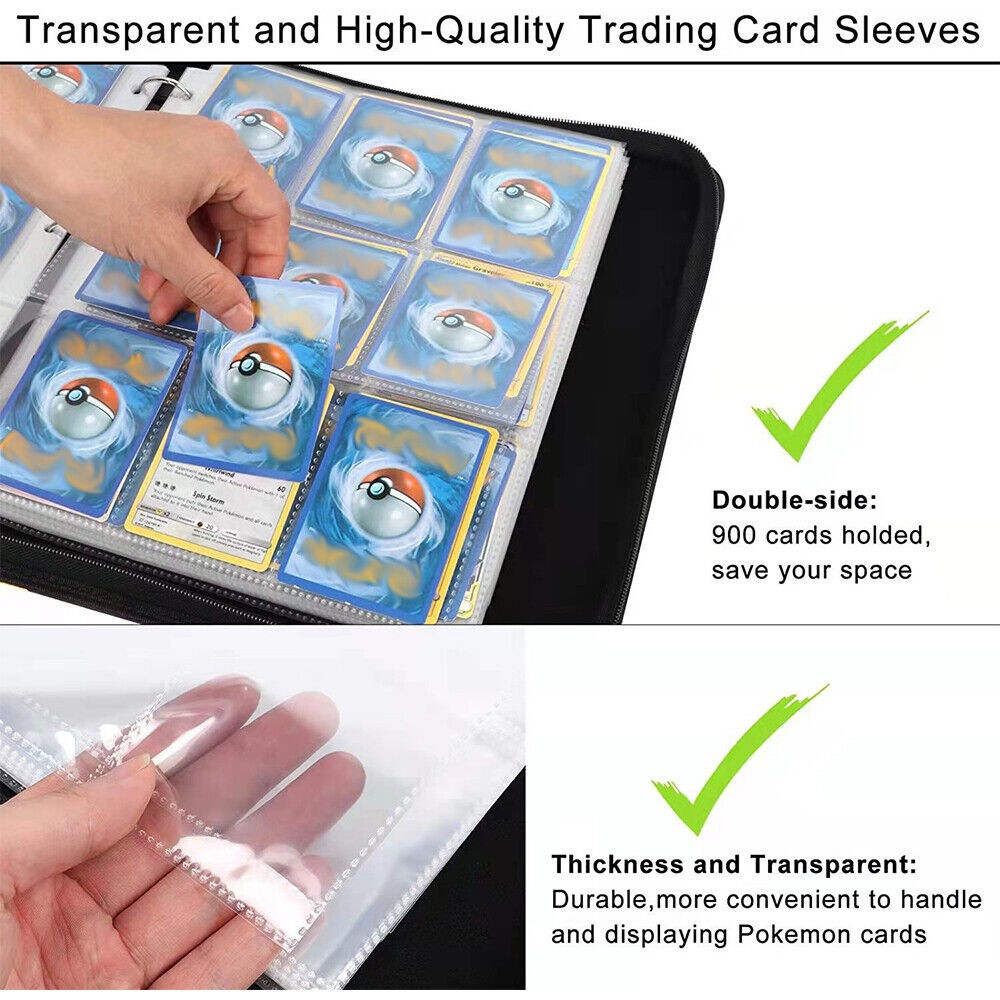 900 Card Pocket Binder with Zipper 9 Pocket Trading Card Album Folder Case Black