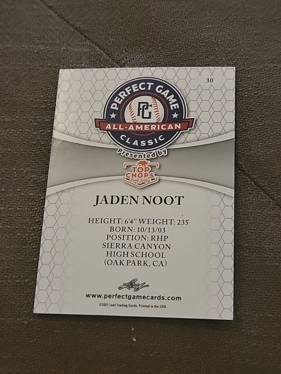 2021 Jaden Noot LSU Leaf Perfect Game Nike AA Classic Aflac Game-Day Rookie
