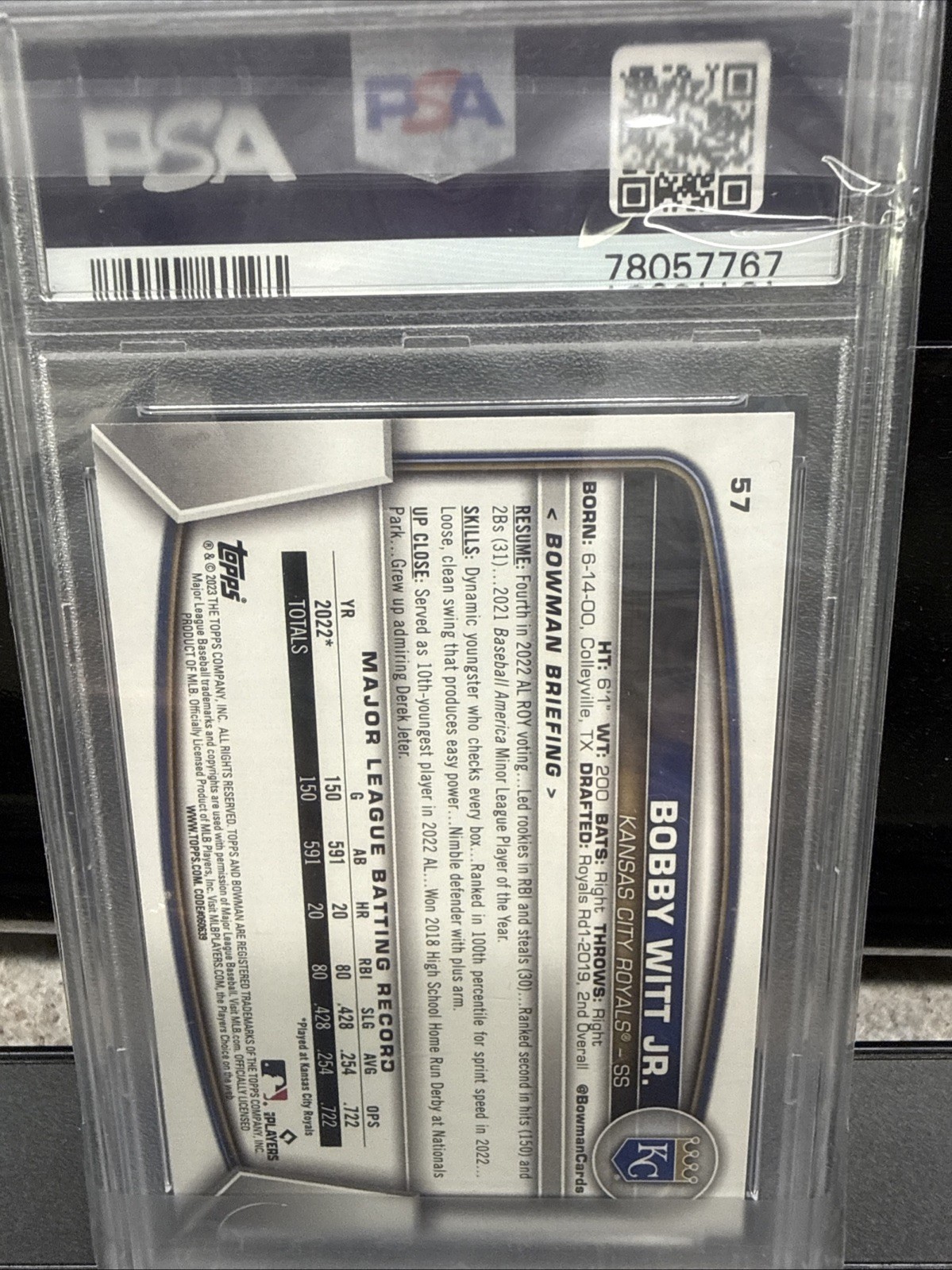 Bowman 2023 Bobby Witt Jr. #57 Base Set PSA 10 Gem Mint Kansas City Royals