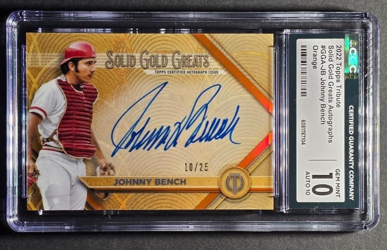 2022 TOPPS TRIBUTE SOLID GOLD GREATS AUTO JOHNNY BENCH ORANGE 10/25 CGC 10