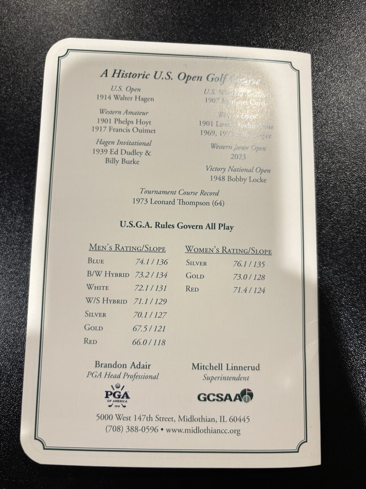 Midlothian Country Club Golf Scorecard- Chicago, IL – 1914 US Open