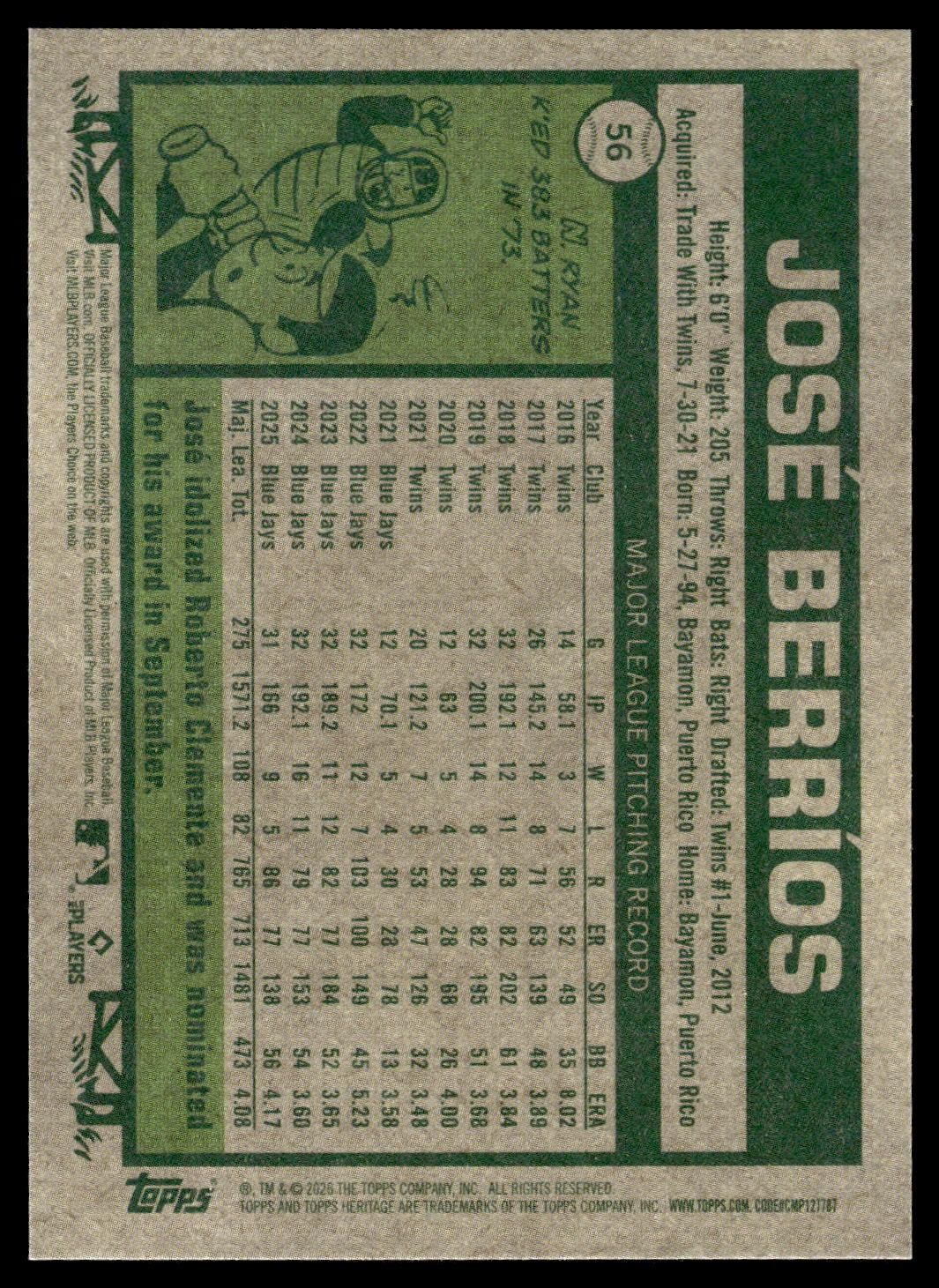 2026 Topps Heritage #56 José Berríos Chrome