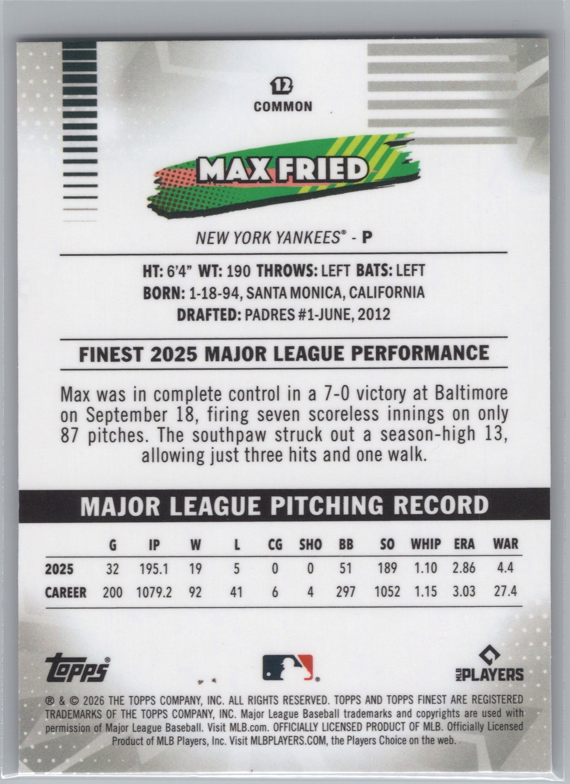 Max Fried Mini Diamond 2026 Topps Finest Baseball #12 New York Yankees