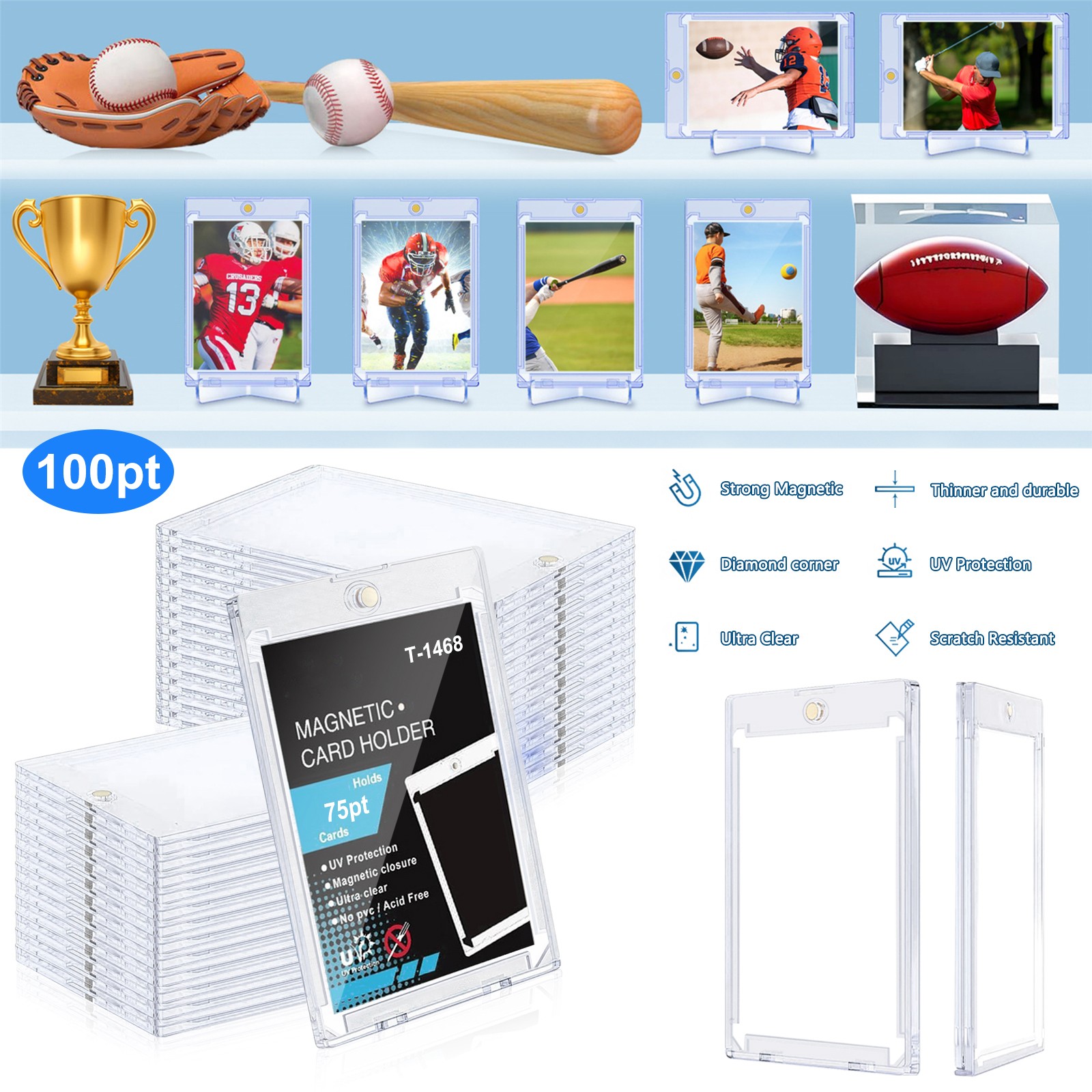 10-240PCS Magnetic Card Holder Trading Card Sports Card Case 100PT Protectors