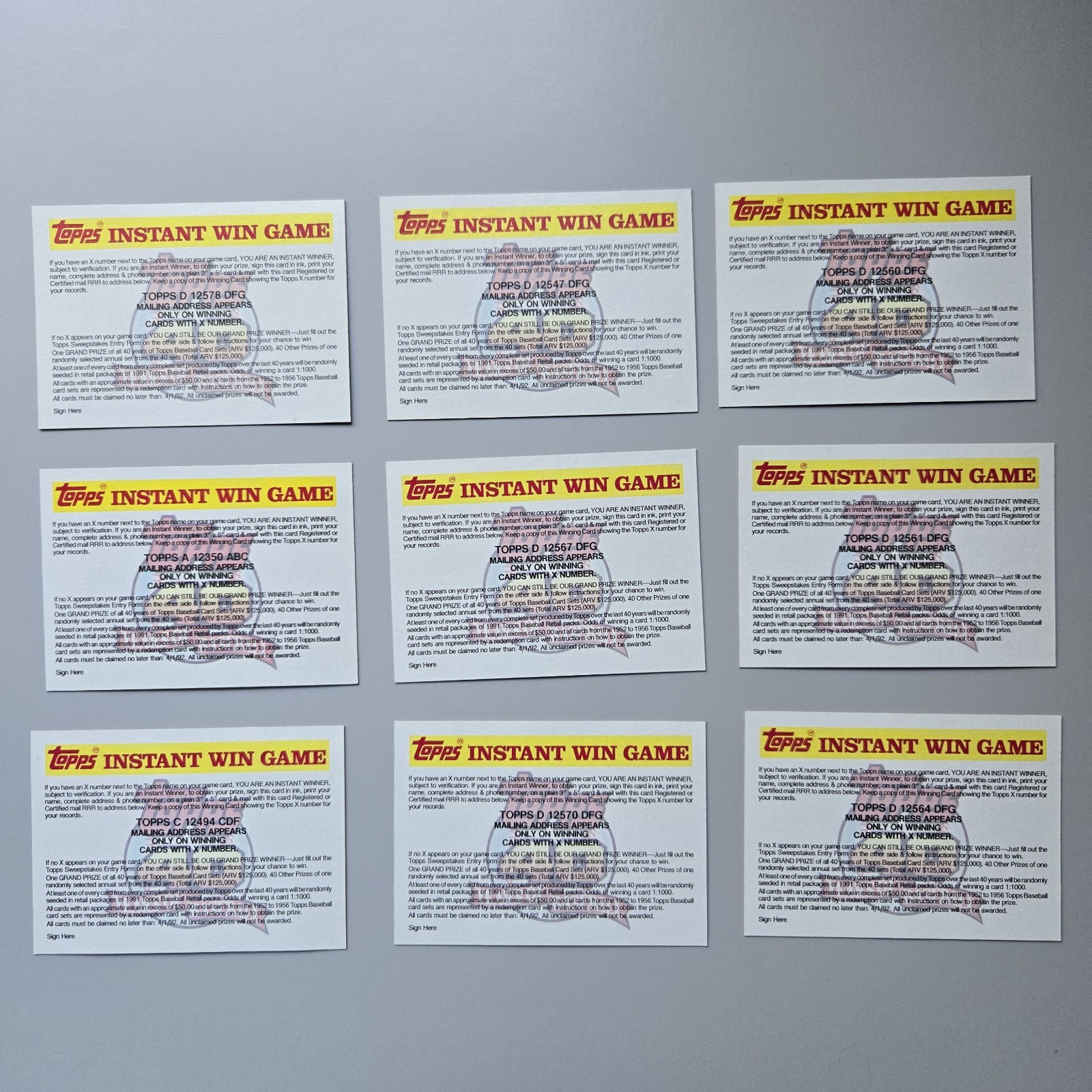 LOT OF 36 CARDS – 1991 Topps Baseball 40th Anniversary Instant Win Game Contest