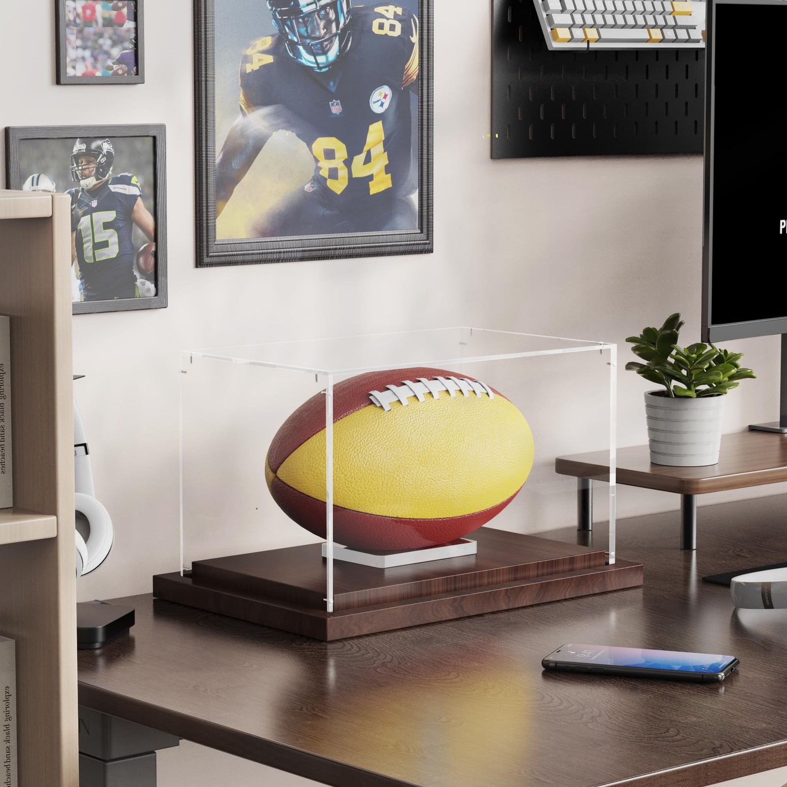 VGMiu Football Display Case with Wood Base, Acrylic Case, Clear