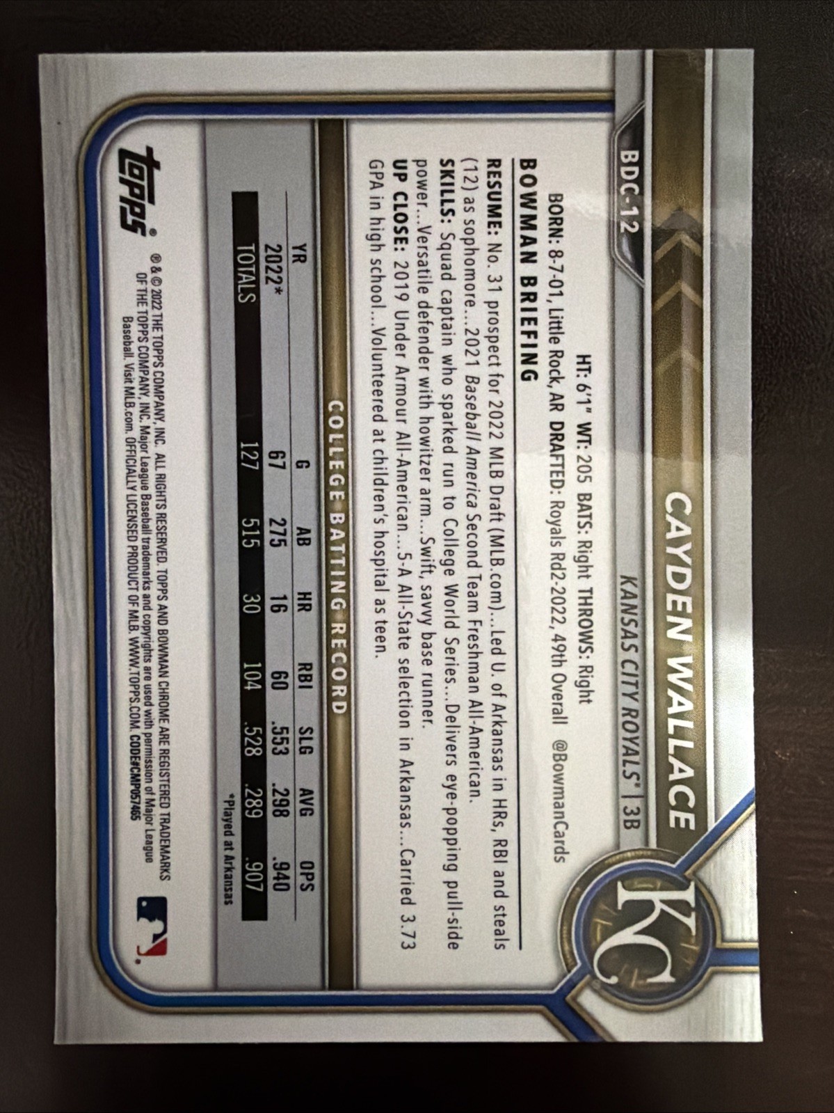 Cayden Wallace 2022 1st Bowman Chrome Draft Sapphire Edition Card #BDC-12