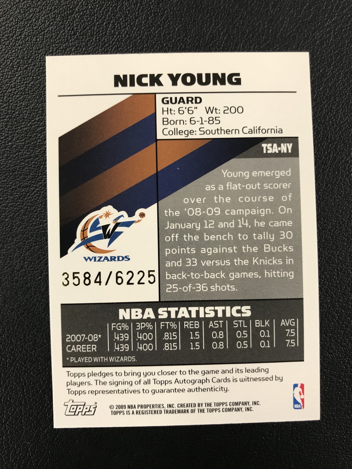2008-09 Topps Signature #TSA-NY Nick Young Autographs #/6225 Washington Wizards