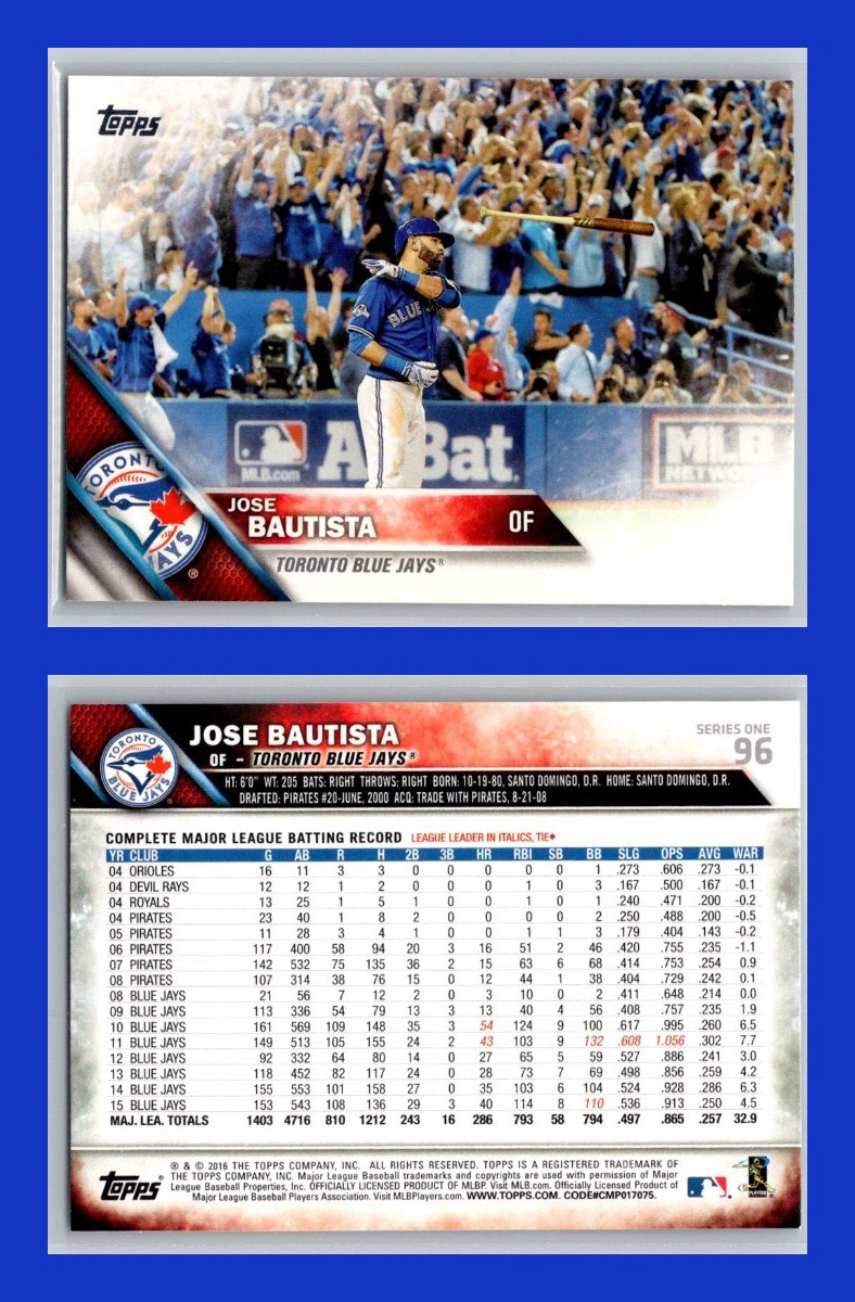 Jose Bautista (2015 ALDS ICONIC BAT FLIP) – 2016 Topps #96 – Toronto Blue Jays
