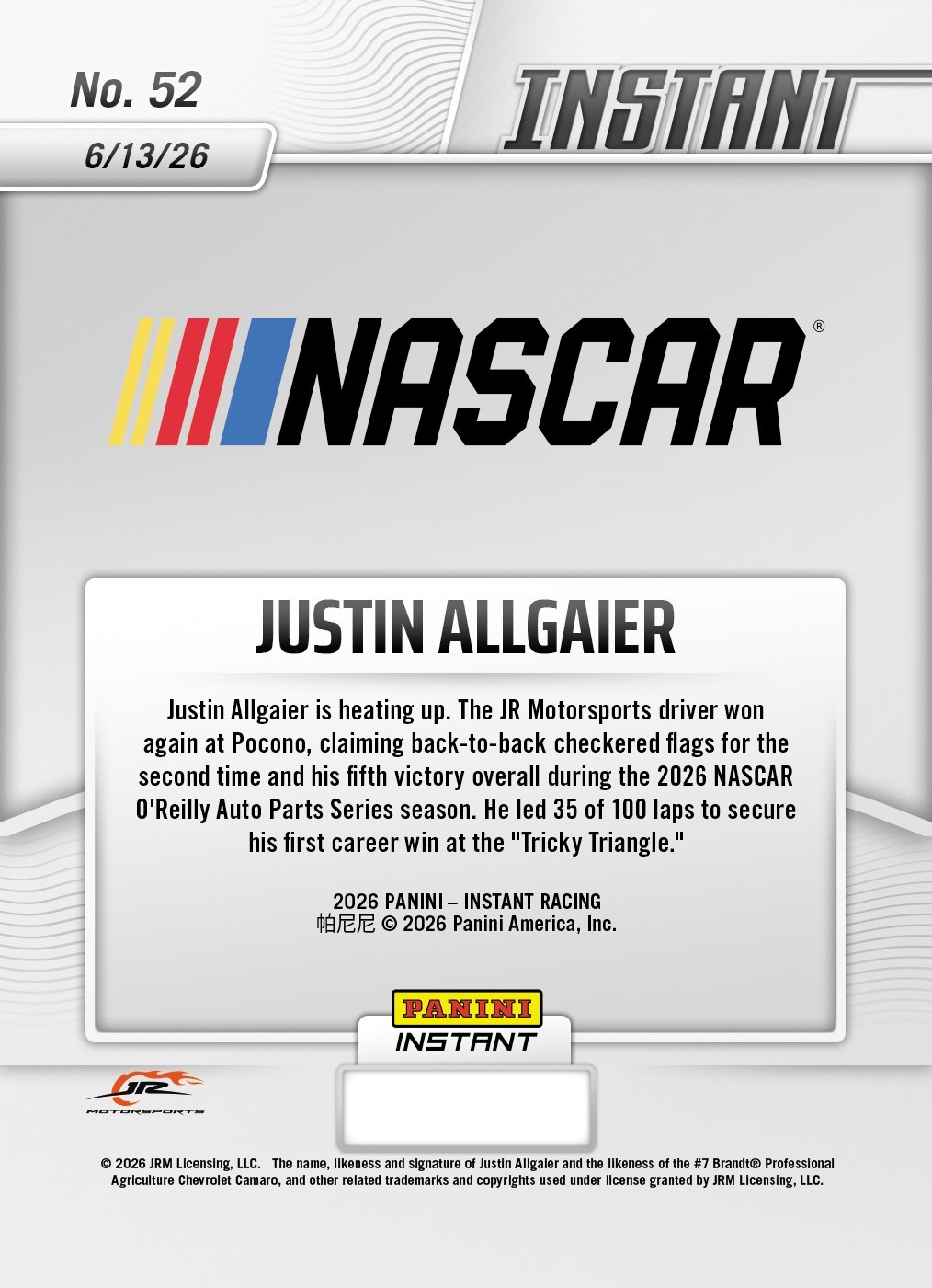 2026 Panini Instant NASCAR #52 Justin Allgaier JR Motorsports PRESALE