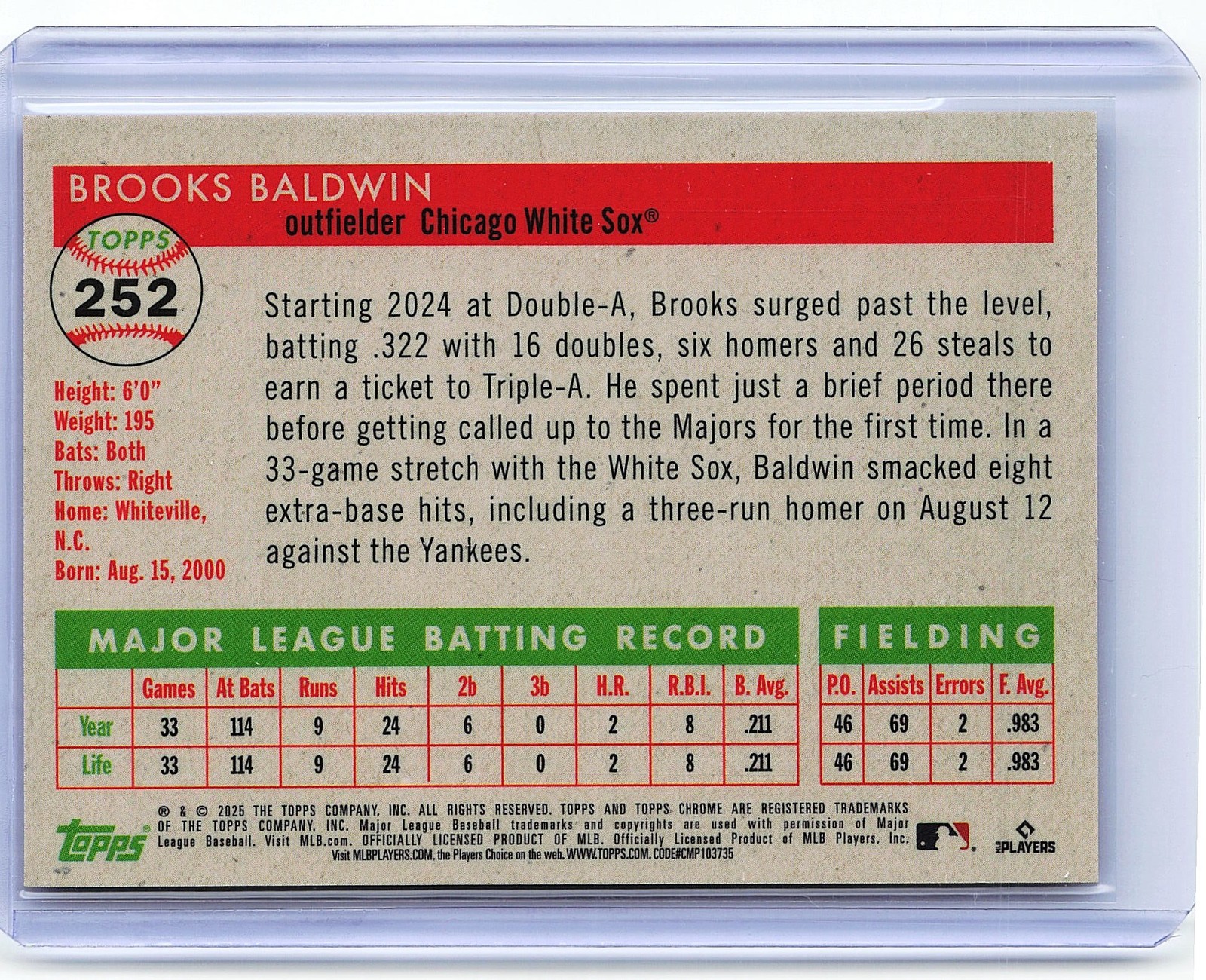 2025 Topps Chrome Platinum #252 Brooks Baldwin Gold Wave Ref #/50 White Sox