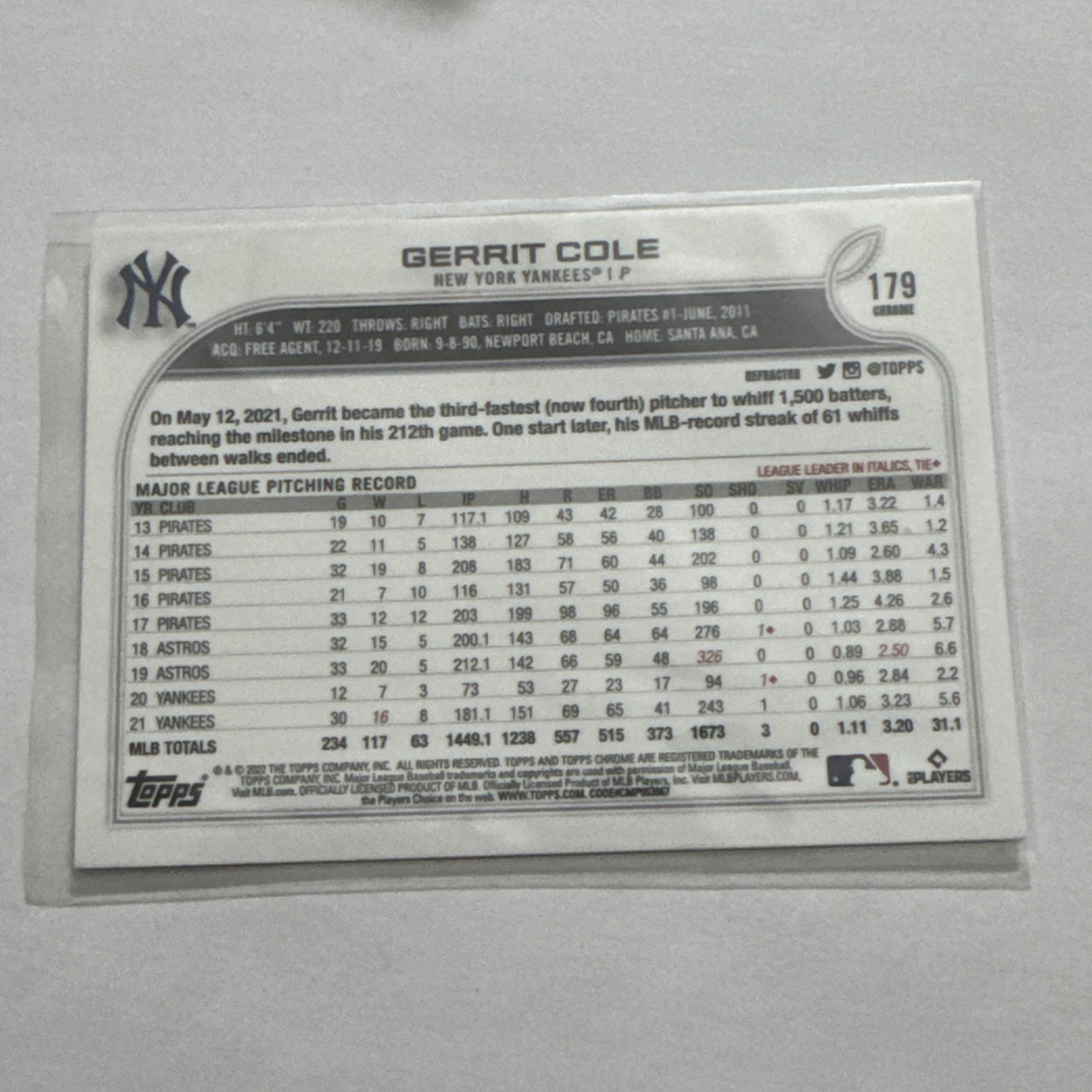 2022 Topps Chrome #179 Gerrit Cole Refractor – New York Yankees
