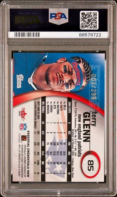 2001 Fleer E-X /299 Essential Credentials Now #85 Terry Glenn SP NE Pop 3! PSA 8