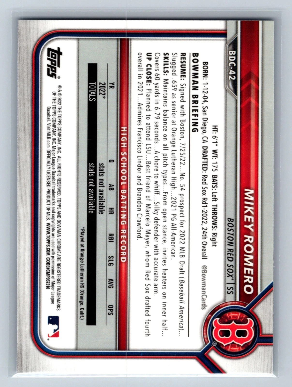 Mikey Romero 2022 Bowman Draft Chrome 1st Sky Blue Refractor #BDC-42 Red Sox