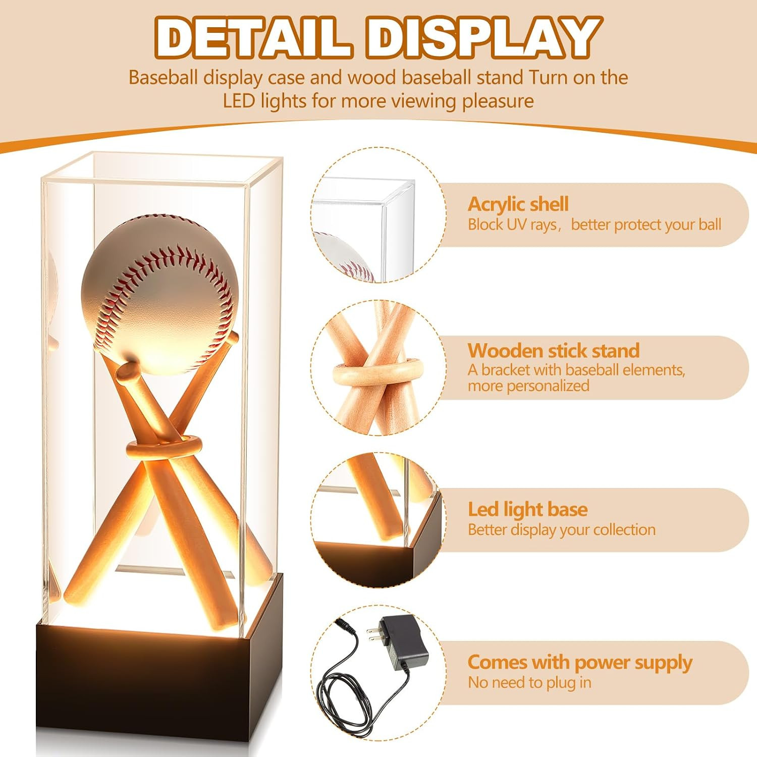 Baseball Display Case with LED Light Base Stand Holder, Wooden Sticks
