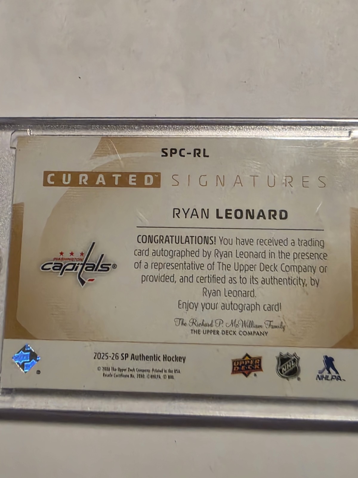 2025-26 SP Authentic Ryan Leonard Curated Signatures /299 #SPC-RL Rookie Auto JH