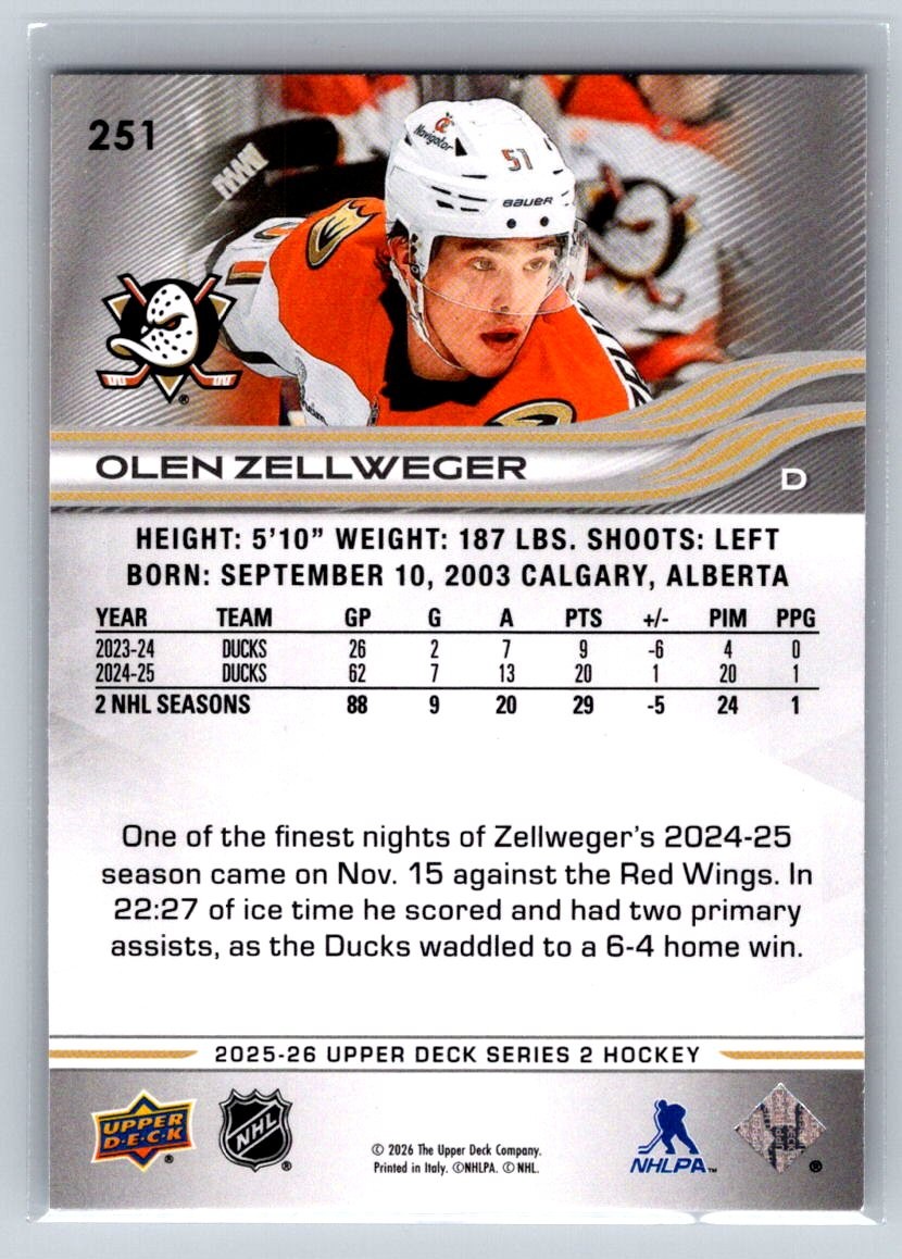 2025-26 Upper Deck #251 Olen Zellweger Anaheim Ducks