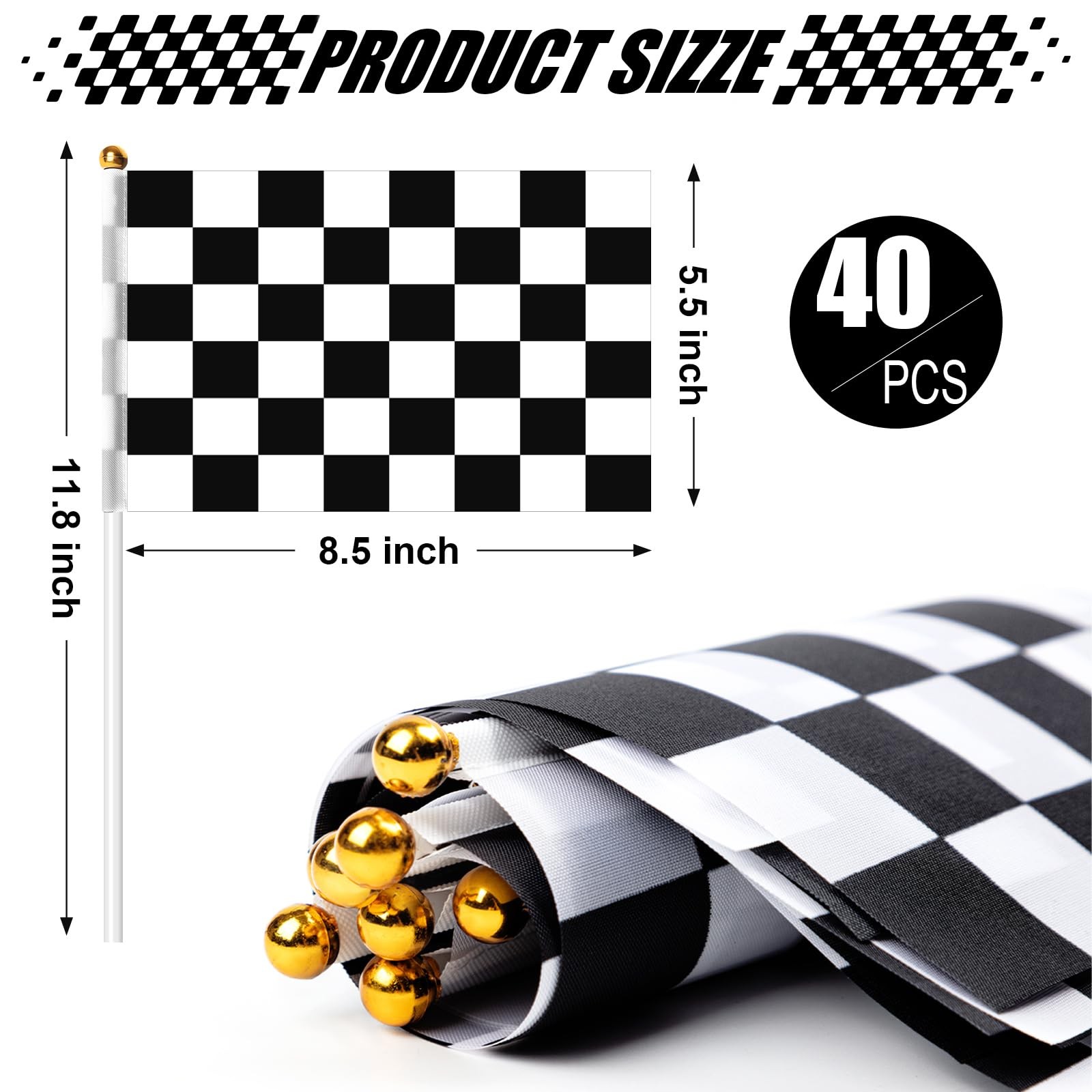 Checkered Flags on Sticks, 40Pcs 11.8 inches x 8.5 inches, black+white 40pcs