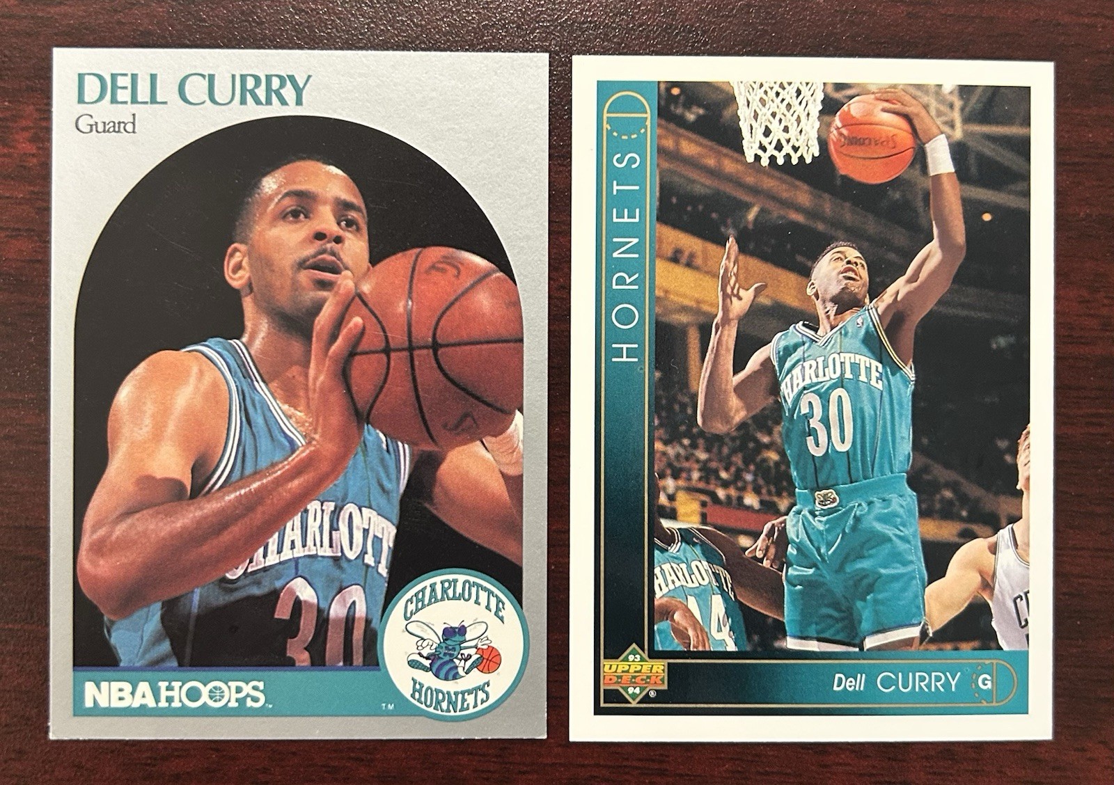 DELL CURRY (2-Card LOT) 1990-91 NBA Hoops #52, 1993-94 Upper Deck #3 – Hornets