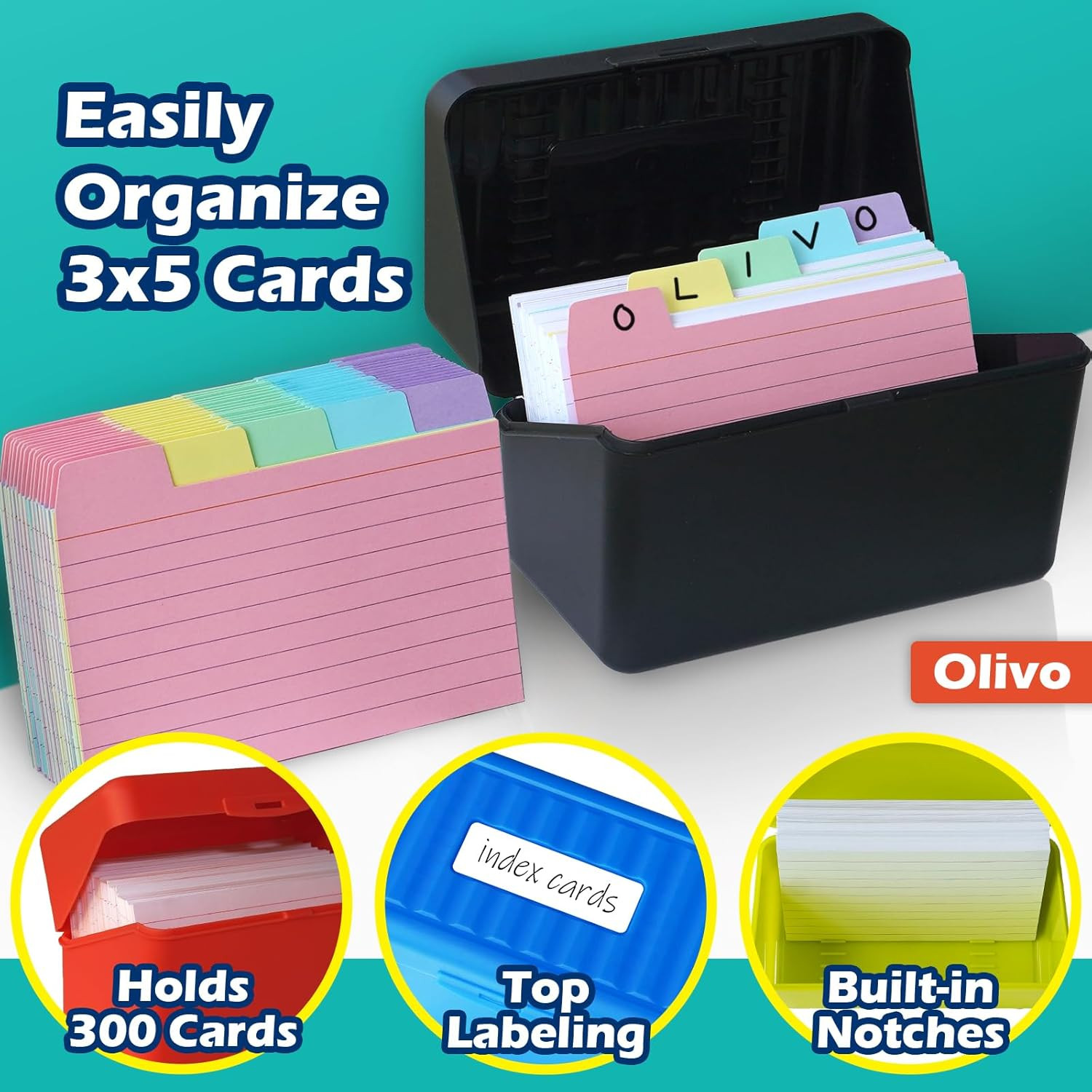 3X5 Index Card Holder Box with 100 Cards Dividers Tabs 3″X 5″, Blue