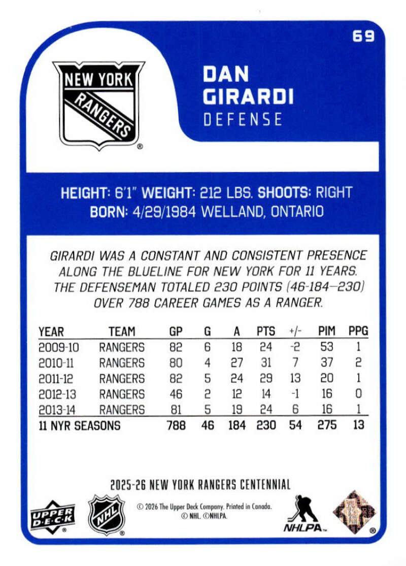Daniel Girardi 2025-26 Upper Deck New York Rangers Centennial #69 NHL ID:159121