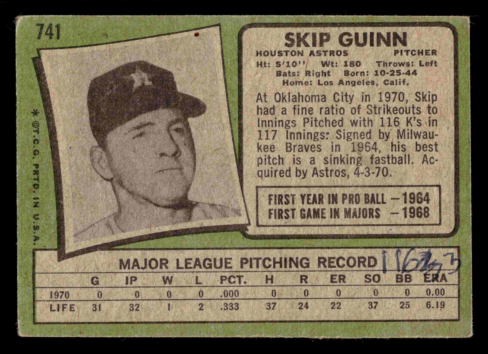 1971 Topps Skip Guinn #741 – Houston Astros (High Number / MARKED)