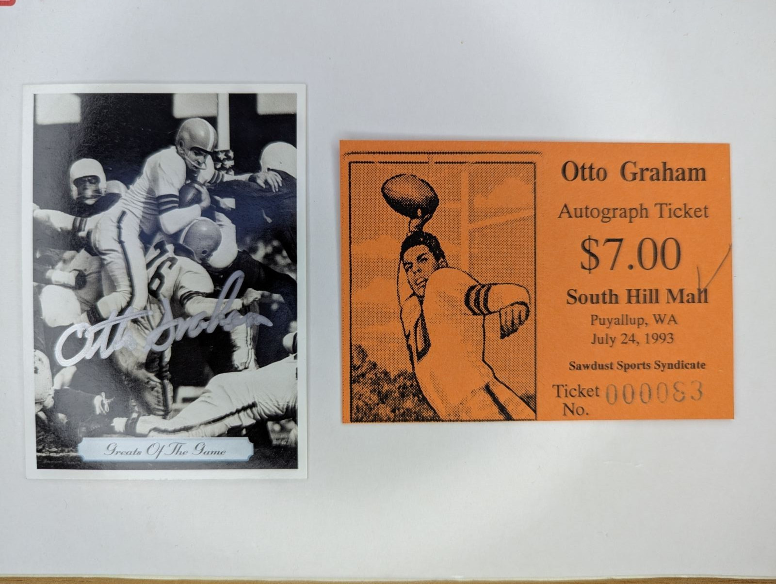 1992 All World #284 Otto Graham – On-Card Auto w/ Auto Event Ticket