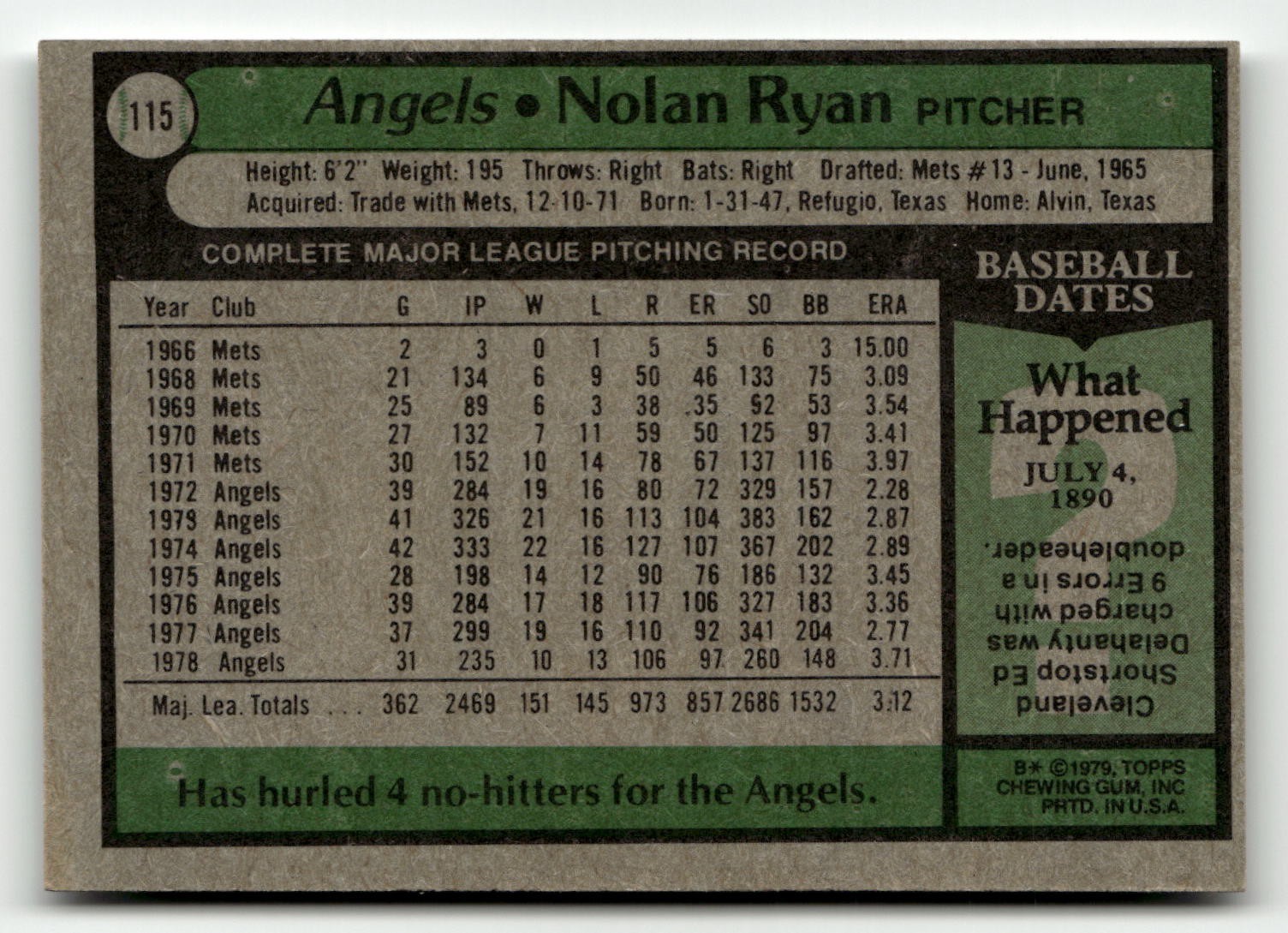 1979 Topps #115 Nolan Ryan Angels HoF (Pick Your Card)