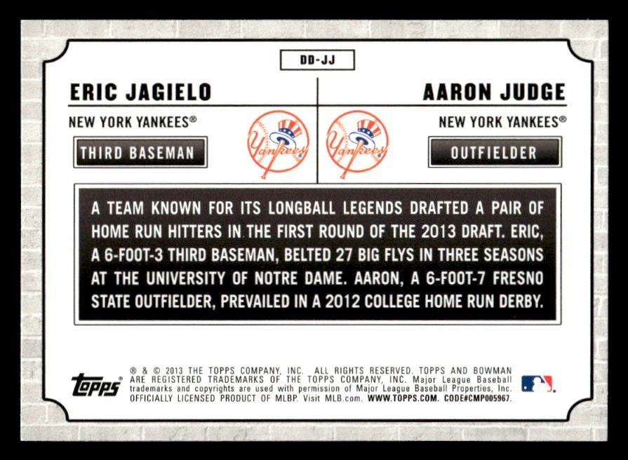2013 Bowman Draft Aaron Judge / Eric Jagielo Dual Draftees #DD-JJ Yankees 3e91a