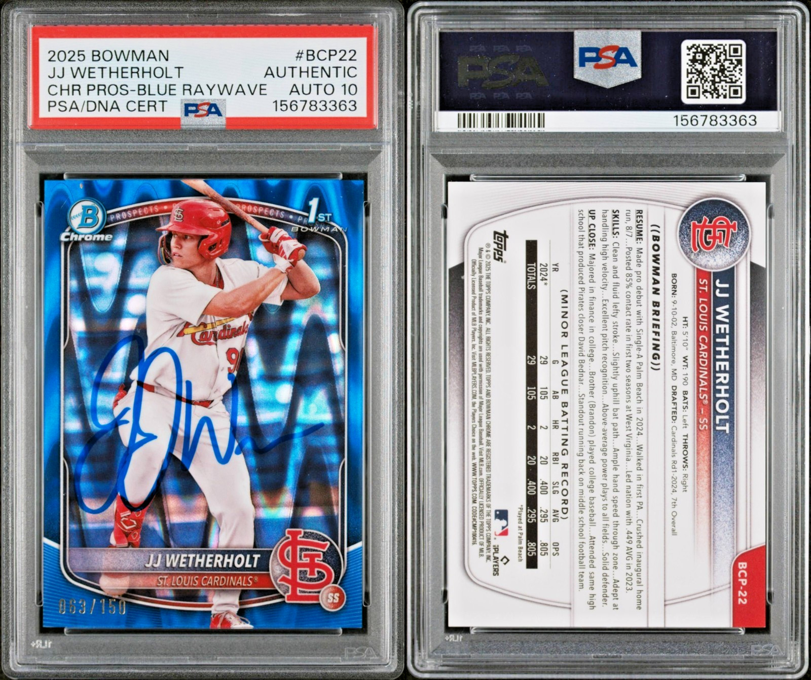 JJ Wetherholt Signed 2025 1st Bowman Blue Ray Wave Refractor 150 PSA Auto Gem 10