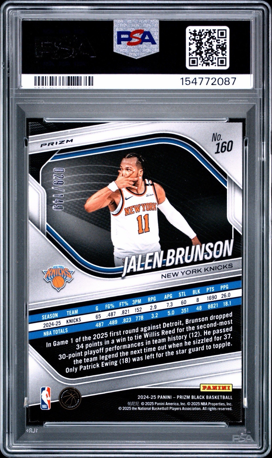 2024 PANINI PRIZM BLACK #160 JALEN BRUNSON PURPLE ICE PSA 9