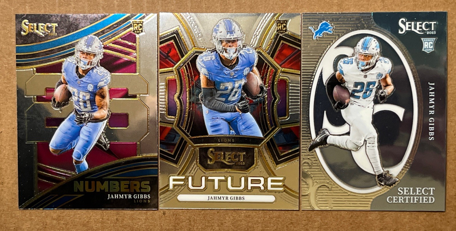 Jahmyr Gibbs 2023 Select Numbers, Future & Select Certified Football Cards.