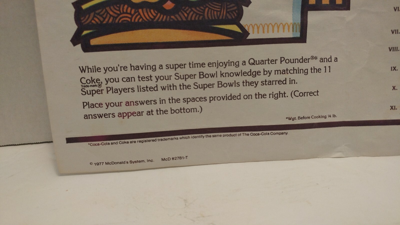McDonalds NFL Superbowl Paper Placemat 10x14in vintage tray liner 1977
