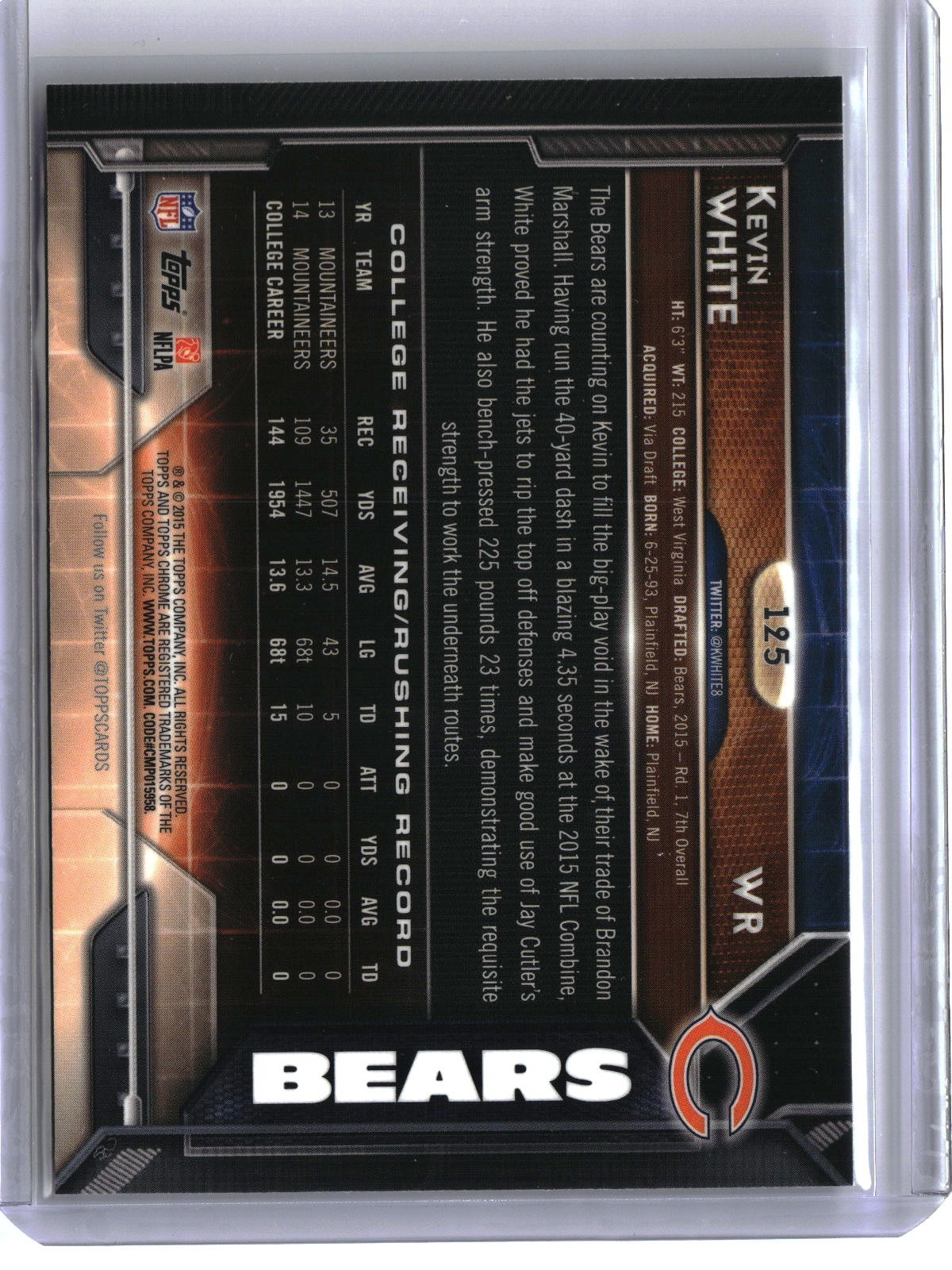 2015 Topps Chrome #125 Kevin White Green Refractor RC