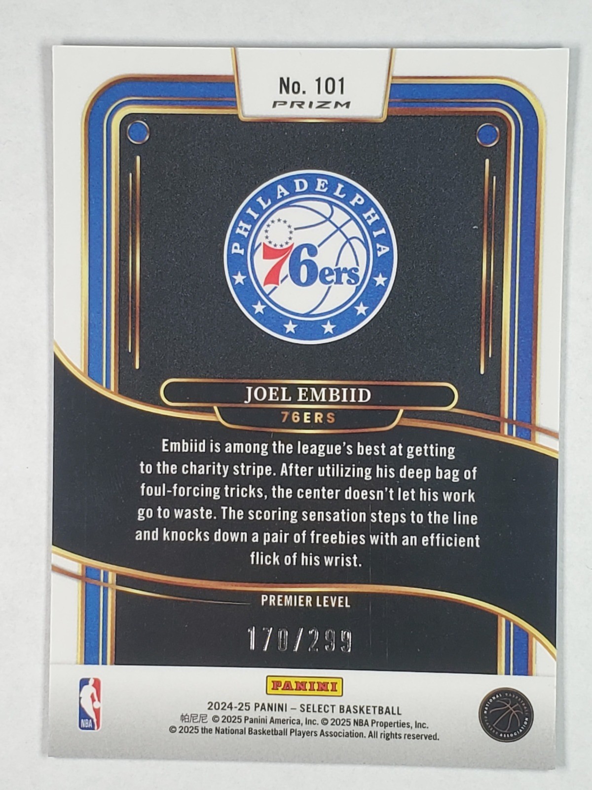 Joel Embiid 2024-25 Panini Select Light Blue Prizm 101 Philadelphia 76ers /299