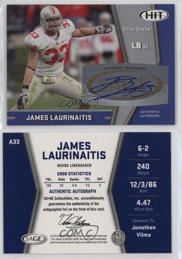 2009 SAGE Hit Silver James Laurinaitis #A33 Rookie Auto RC 00jz