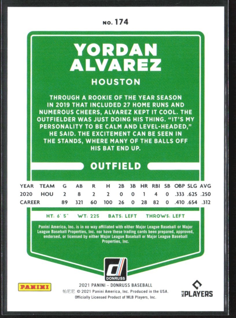 Yordan Alvarez 2021 Donruss Season Stat Line /400 #174 Houston Astros