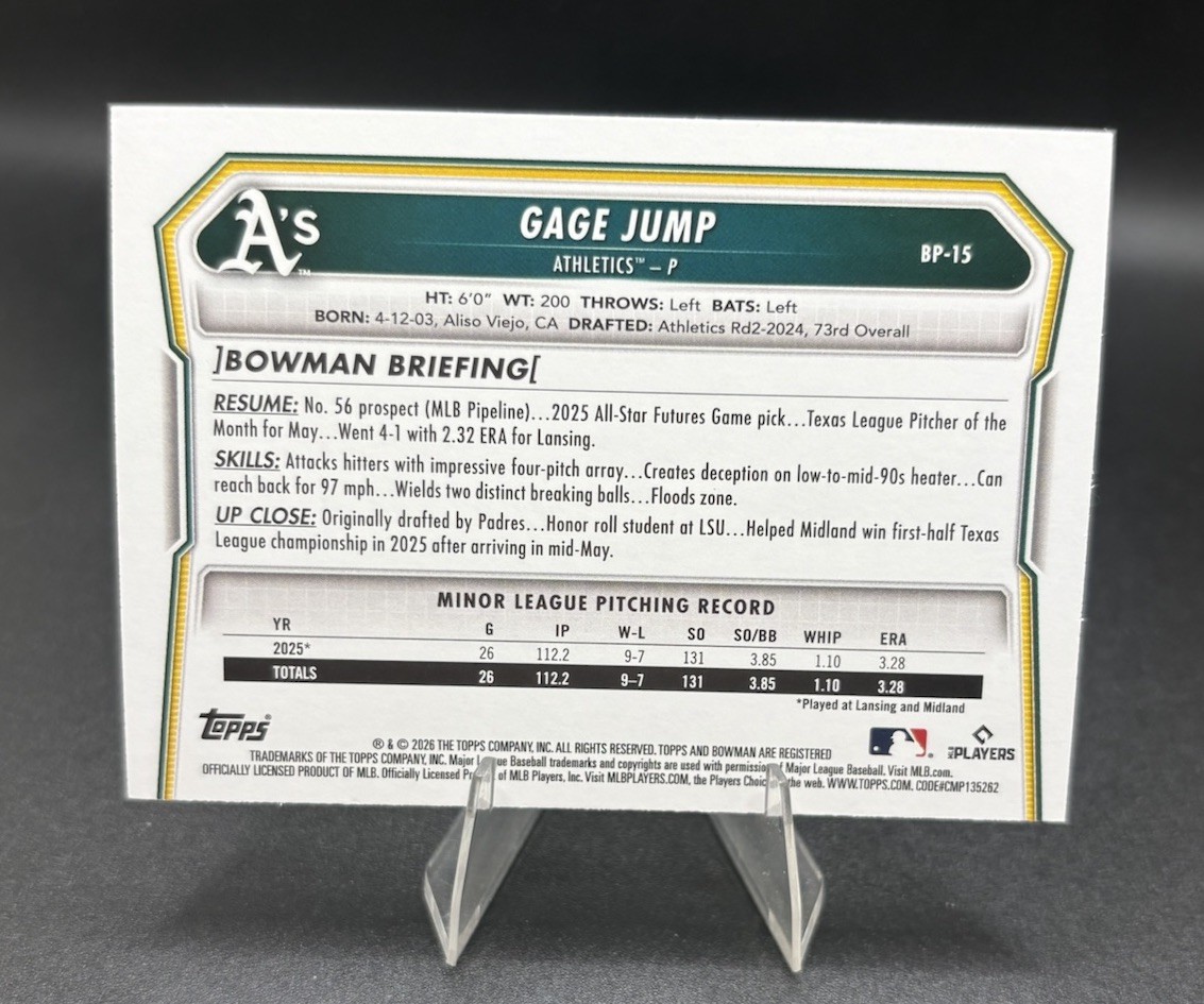2026 Bowman 1st #BP-15 Gage Jump Purple Parallel SP /299 Oakland Athletics